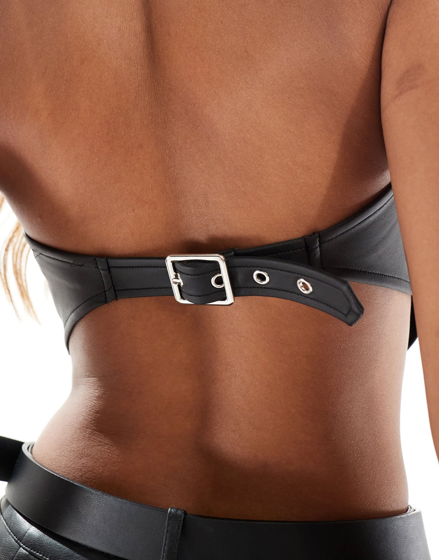 ASOS DESIGN leather look bandeau scarf hem top with buckle strap in black - ASOS Sample Sale