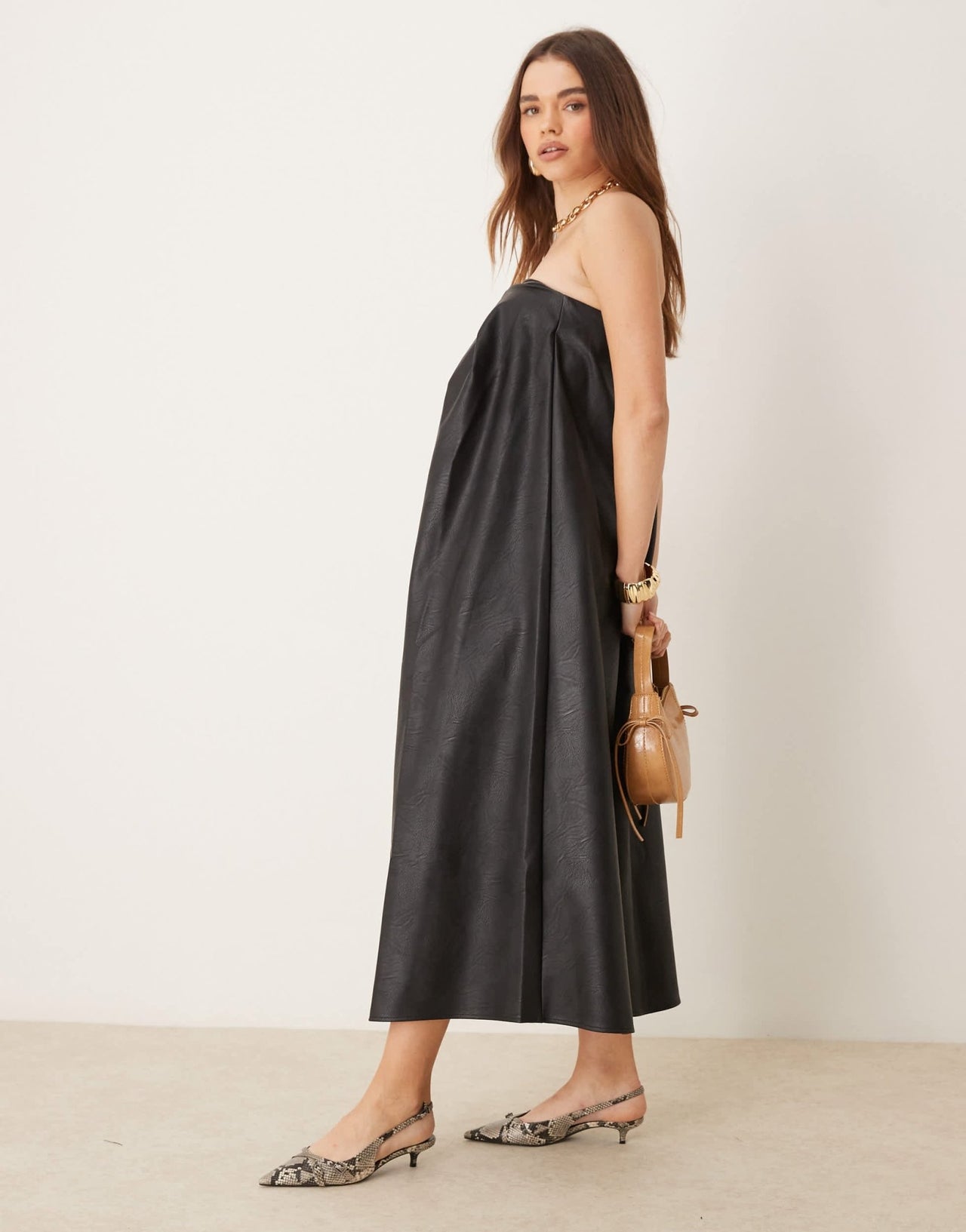 ASOS DESIGN leather look bandeau trapeze midi dress in black - ASOS Sample Sale