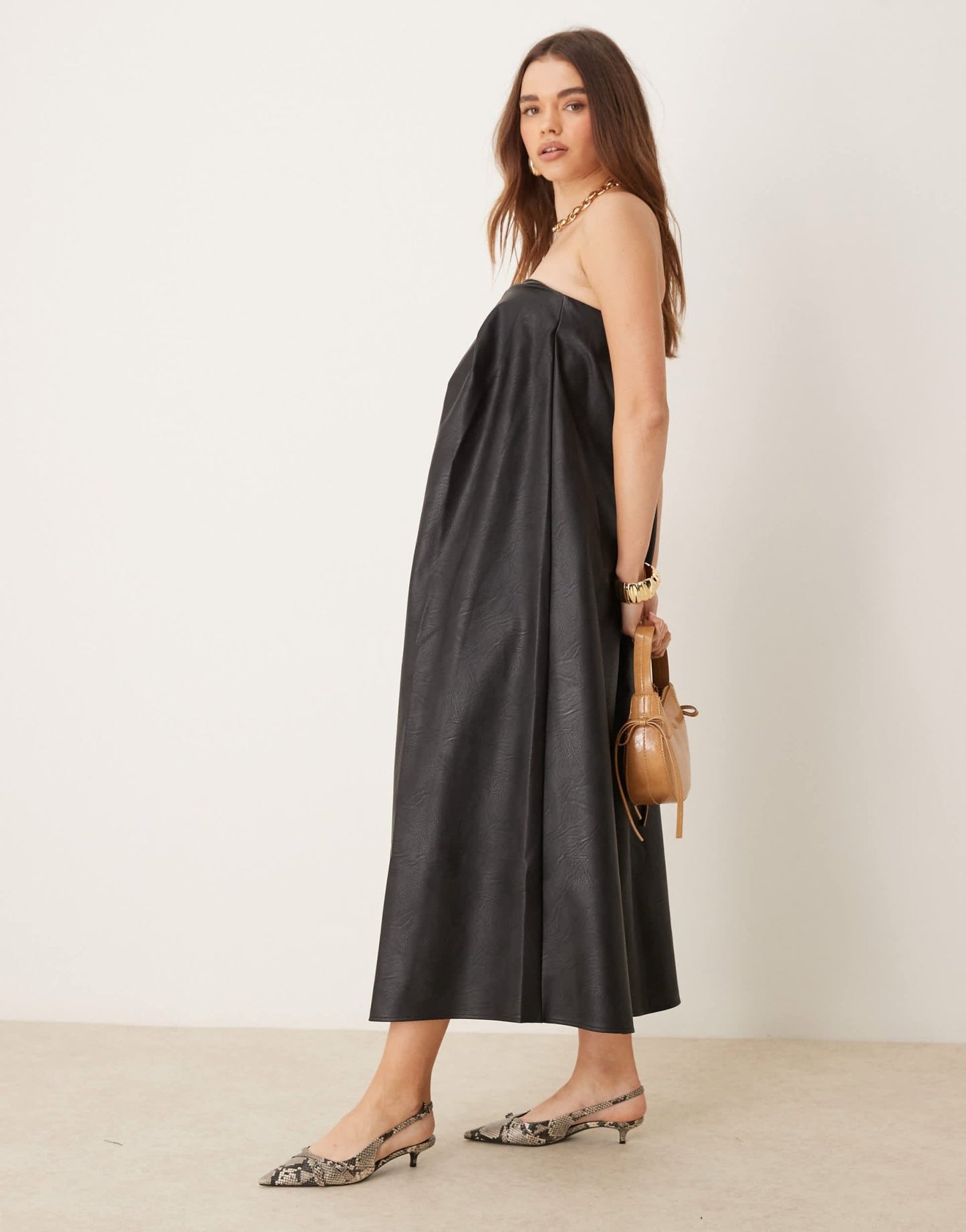 ASOS DESIGN leather look bandeau trapeze midi dress in black - ASOS Sample Sale