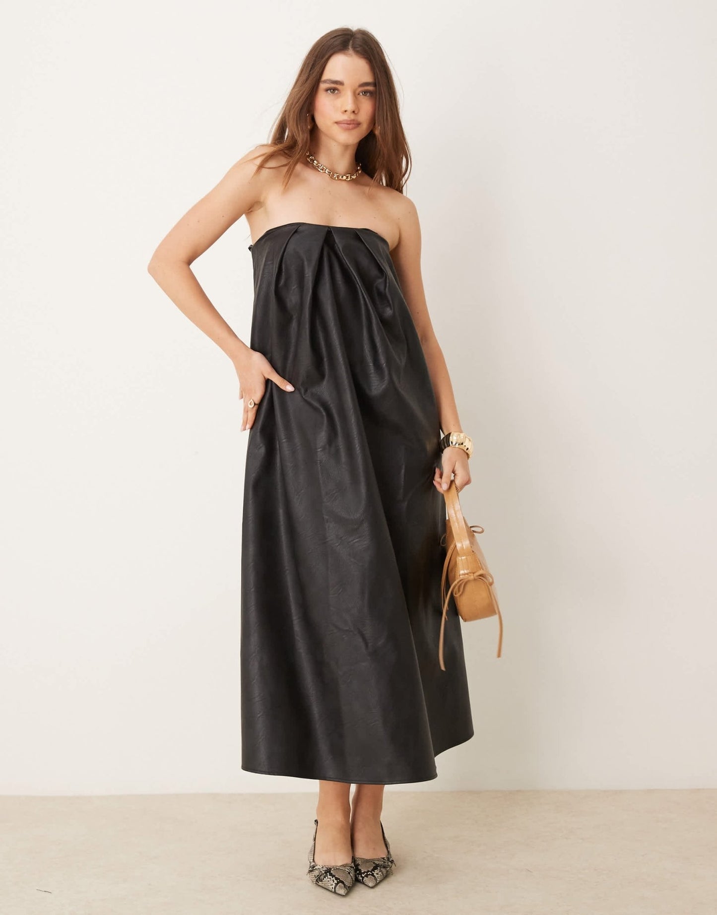 ASOS DESIGN leather look bandeau trapeze midi dress in black - ASOS Sample Sale