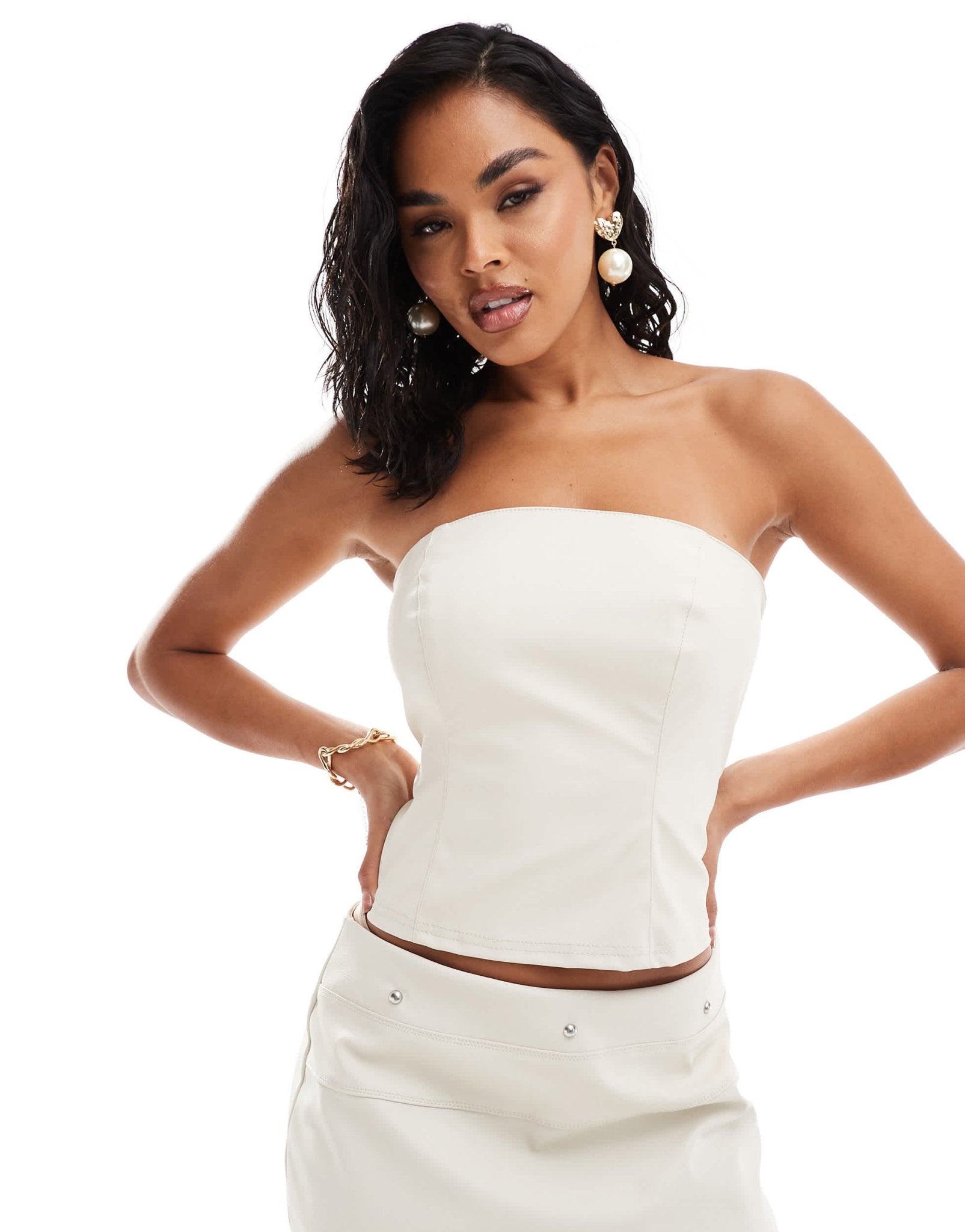 ASOS DESIGN leather look clean bandeau corset co - ord in cream - ASOS Sample Sale
