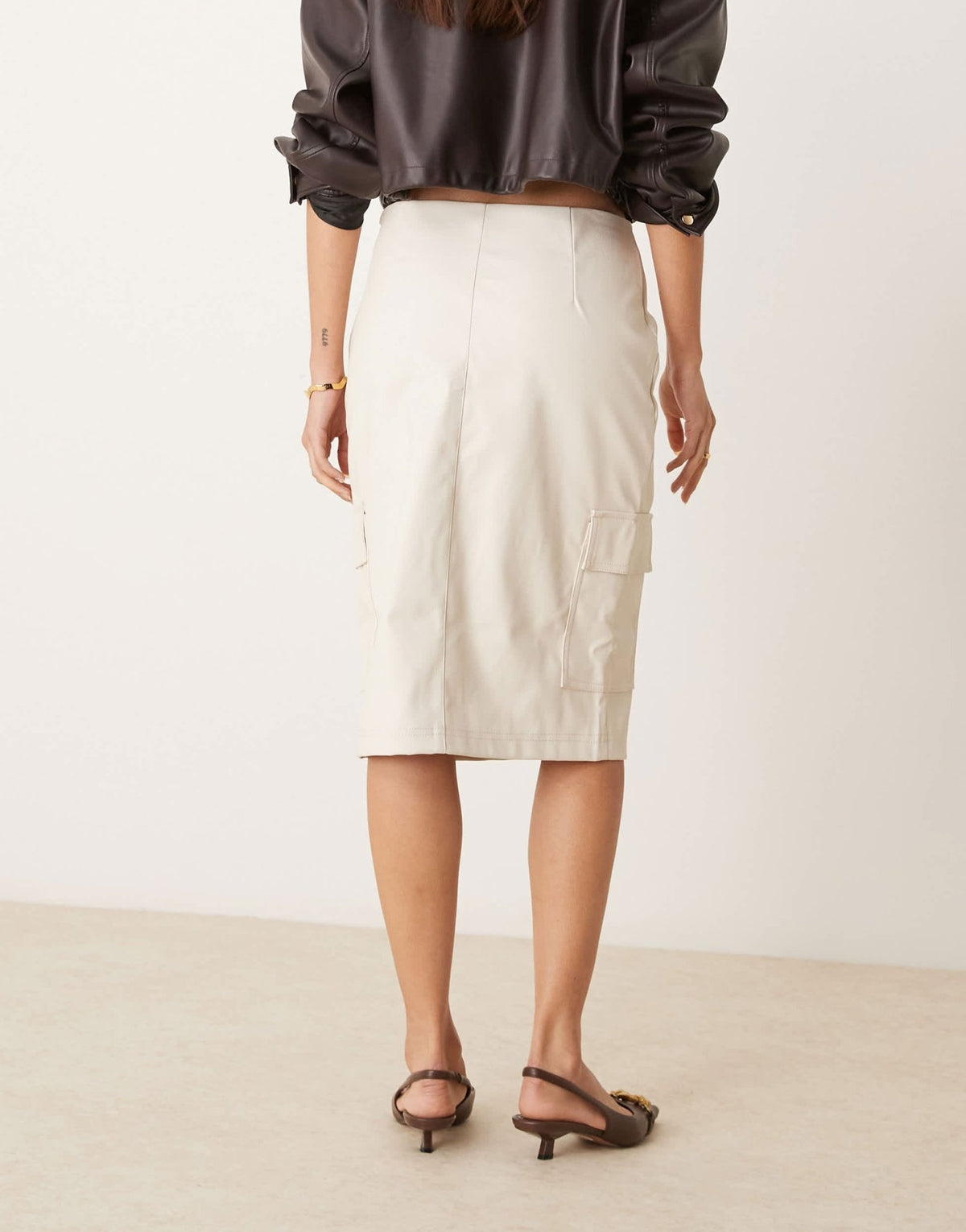ASOS DESIGN leather look pocketed midi skirt in cream - ASOS Sample Sale