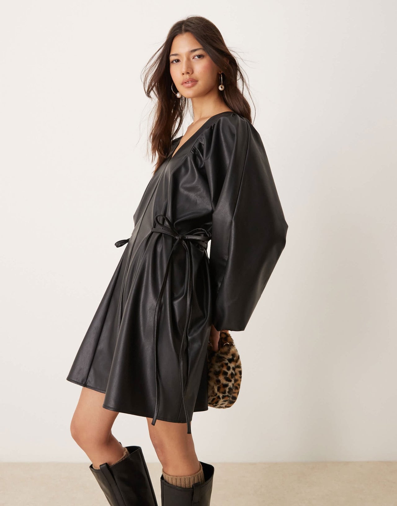 ASOS DESIGN leather look side tie volume smock dress in black - ASOS Sample Sale