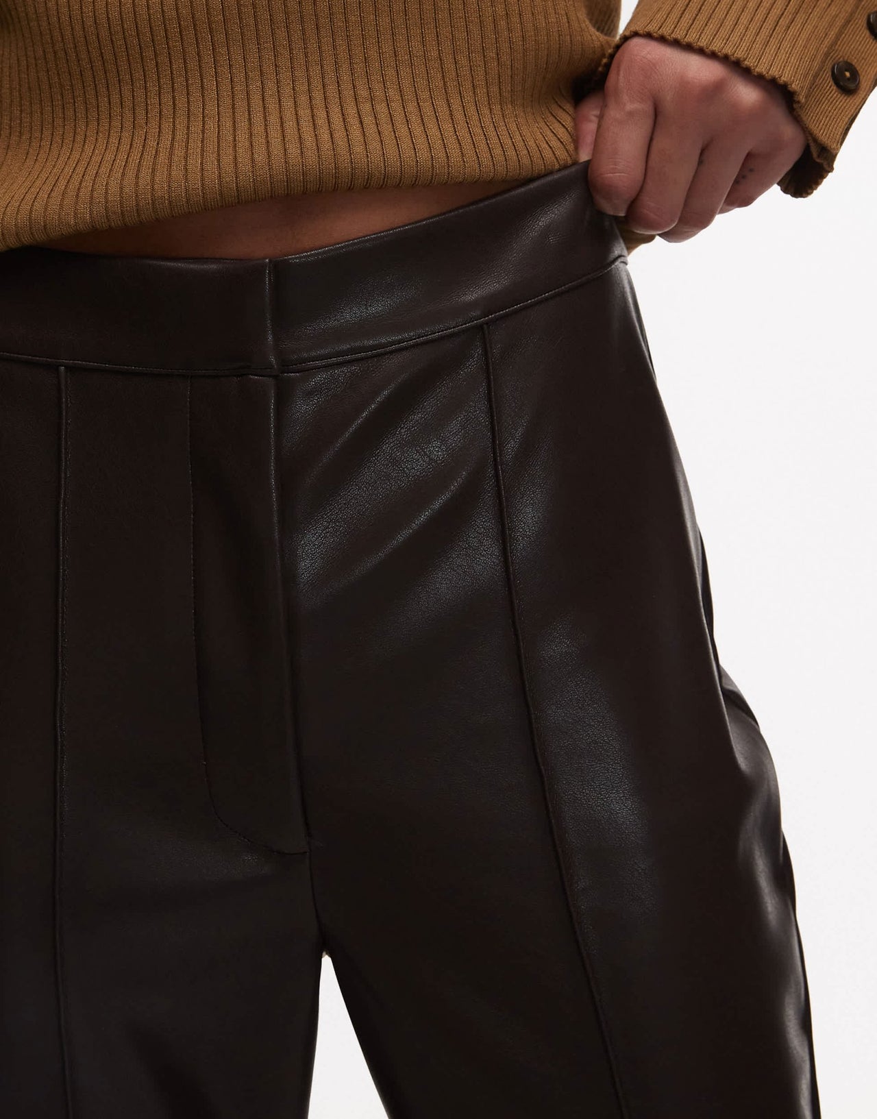 ASOS DESIGN leather look slim flare trouser with pintuck in dark chocolate - ASOS Sample Sale