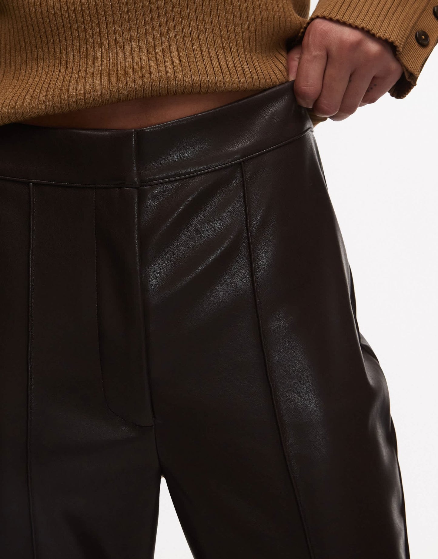 ASOS DESIGN leather look slim flare trouser with pintuck in dark chocolate - ASOS Sample Sale