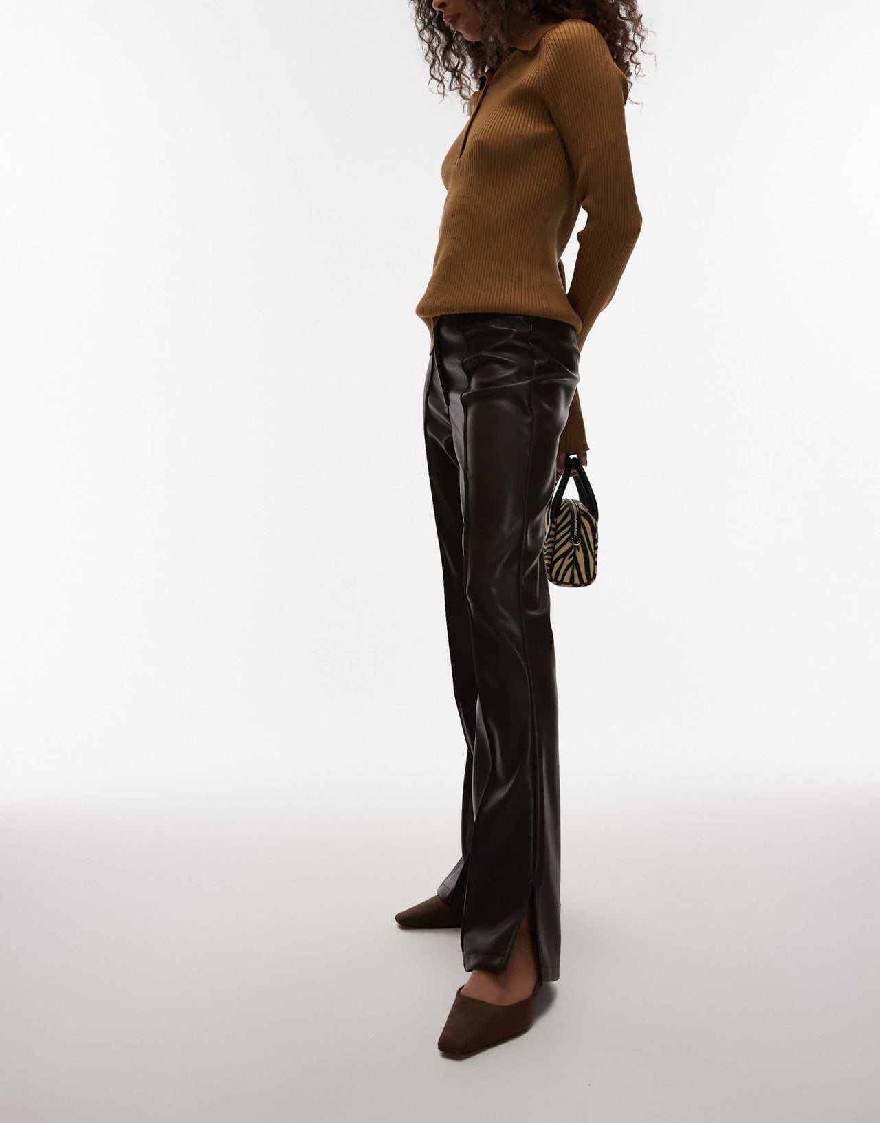 ASOS DESIGN leather look slim flare trouser with pintuck in dark chocolate - ASOS Sample Sale