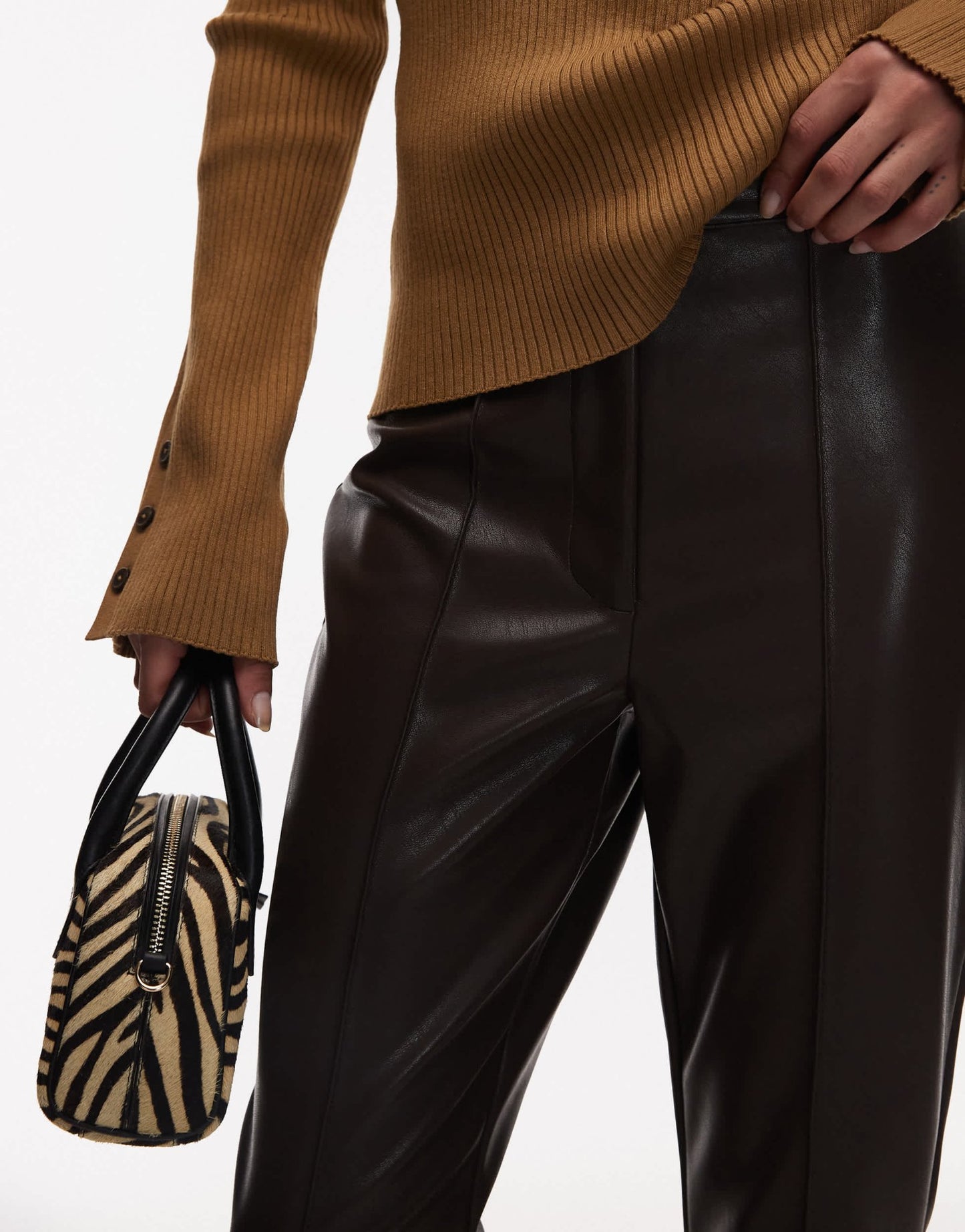 ASOS DESIGN leather look slim flare trouser with pintuck in dark chocolate - ASOS Sample Sale