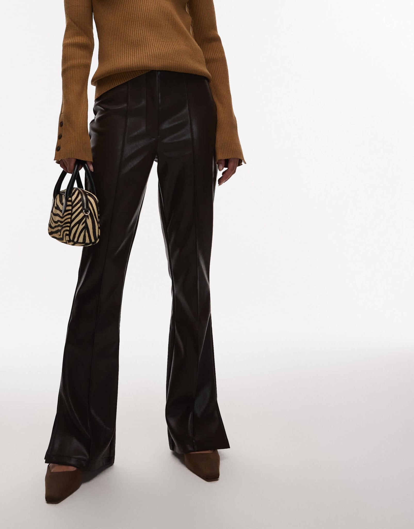 ASOS DESIGN leather look slim flare trouser with pintuck in dark chocolate - ASOS Sample Sale