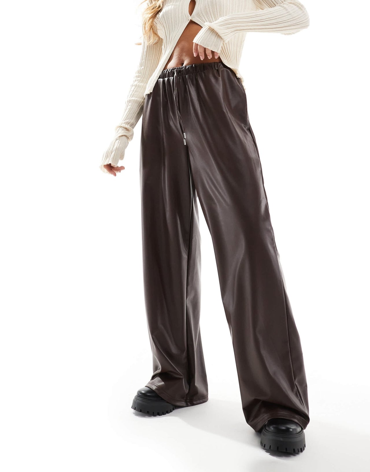 ASOS DESIGN leather look tie waist wide leg trousers in chocolate - ASOS Sample Sale