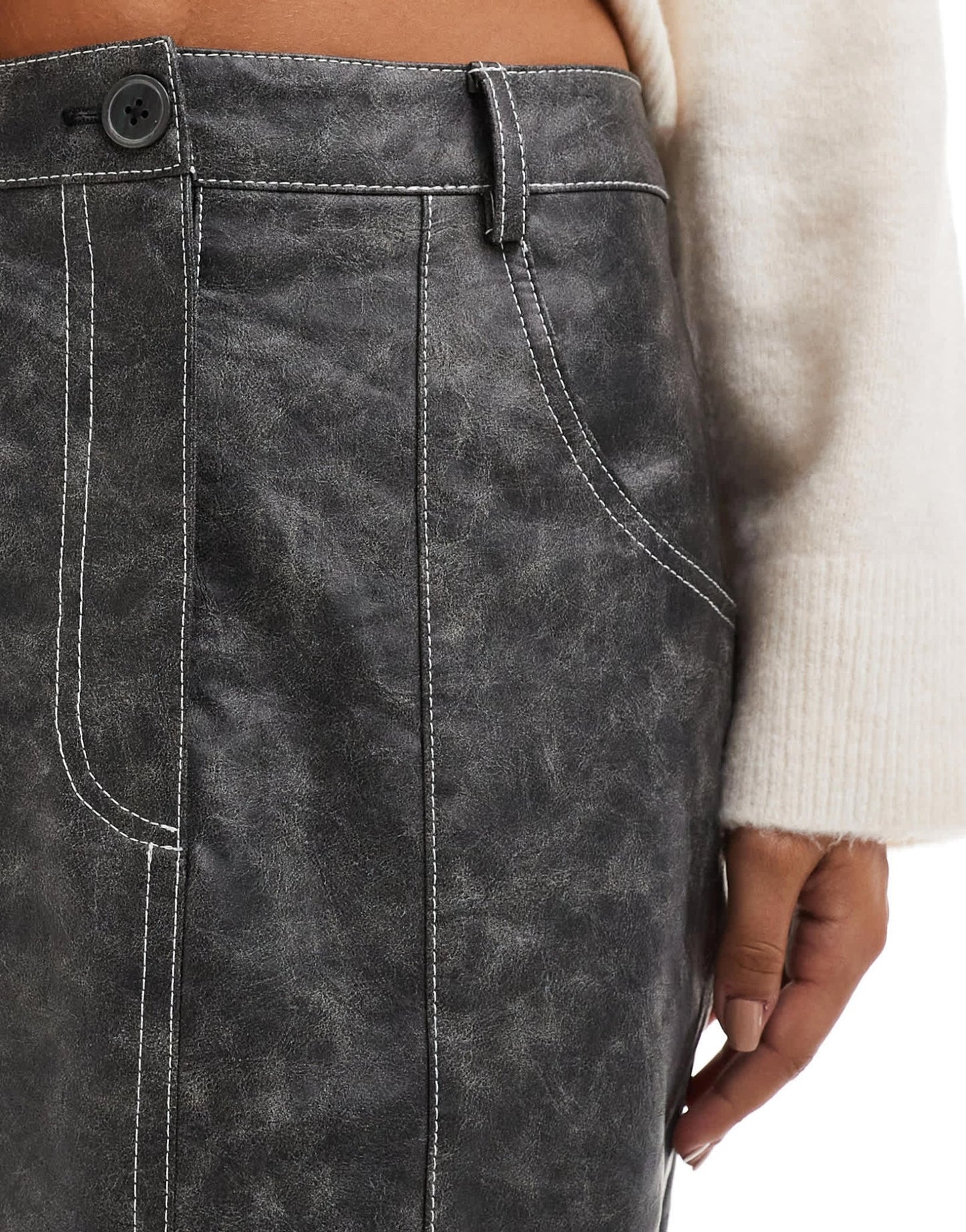 ASOS DESIGN leather look western midi skirt with contrast stitch in washed grey - ASOS Sample Sale
