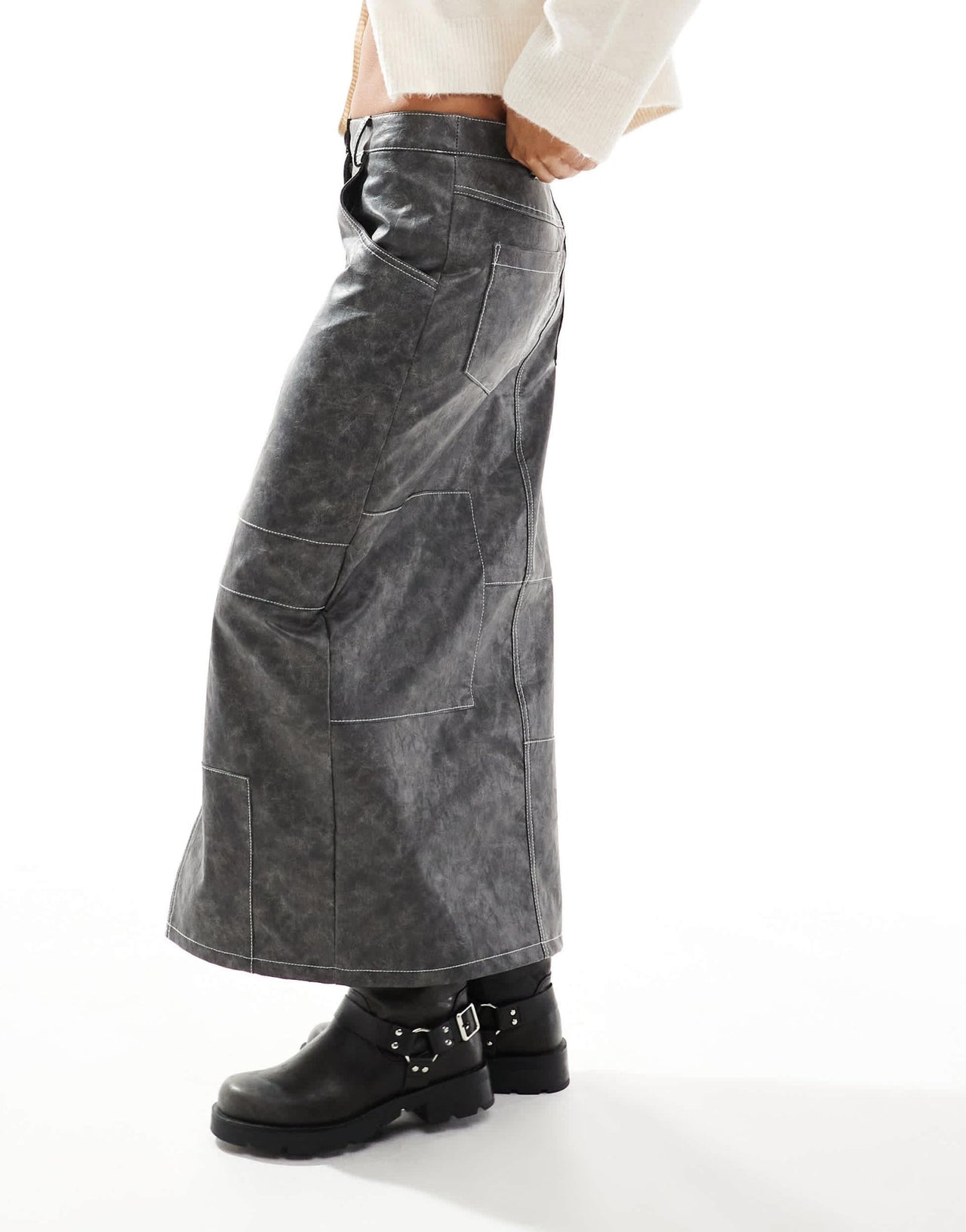 ASOS DESIGN leather look western midi skirt with contrast stitch in washed grey - ASOS Sample Sale