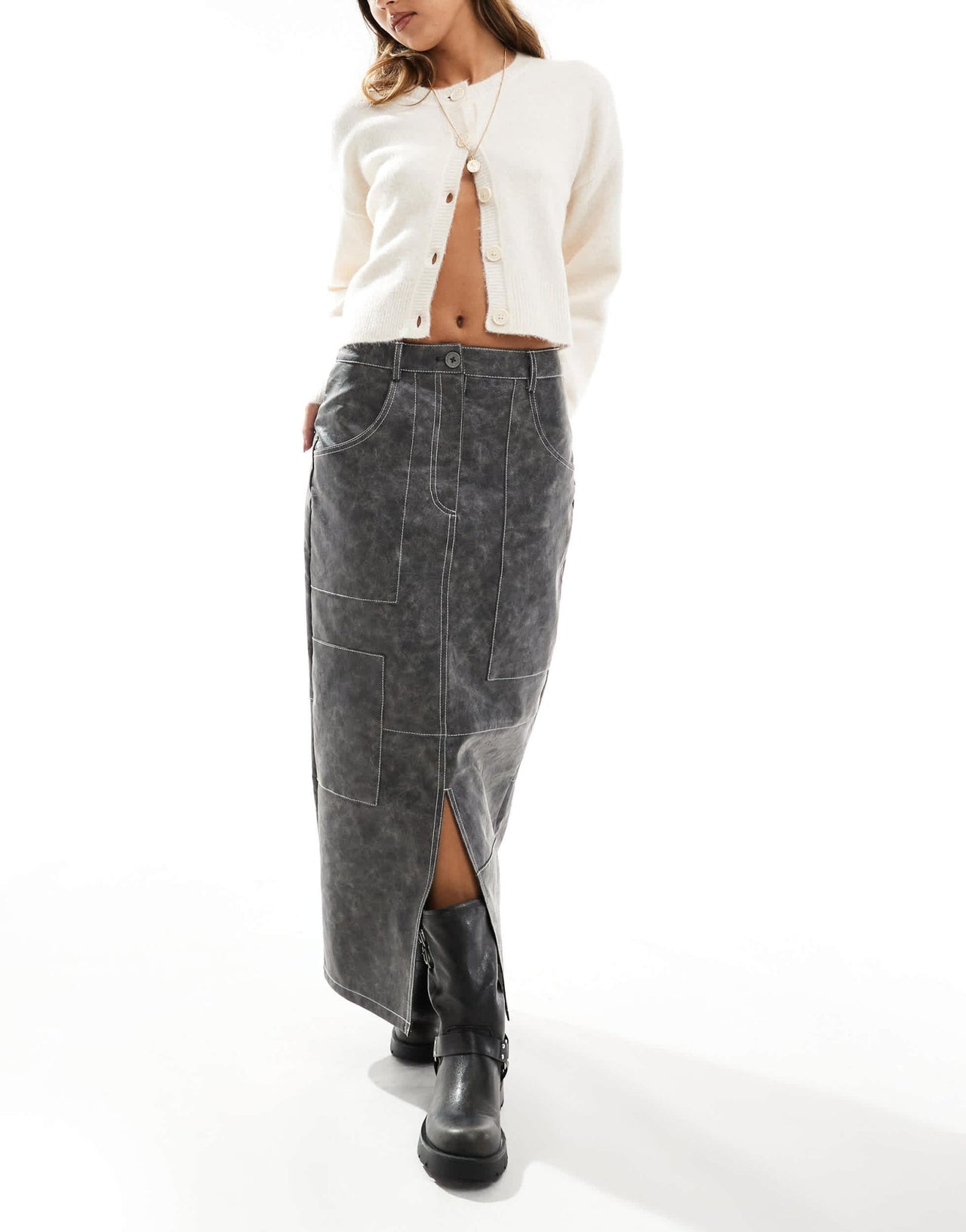 ASOS DESIGN leather look western midi skirt with contrast stitch in washed grey - ASOS Sample Sale