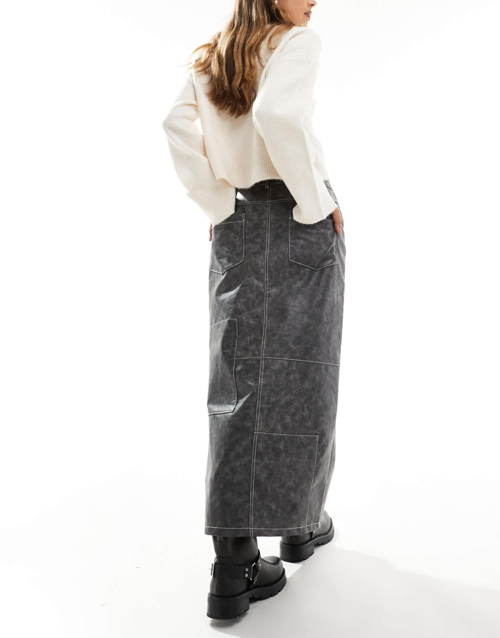 ASOS DESIGN leather look western midi skirt with contrast stitch in washed grey - ASOS Sample Sale