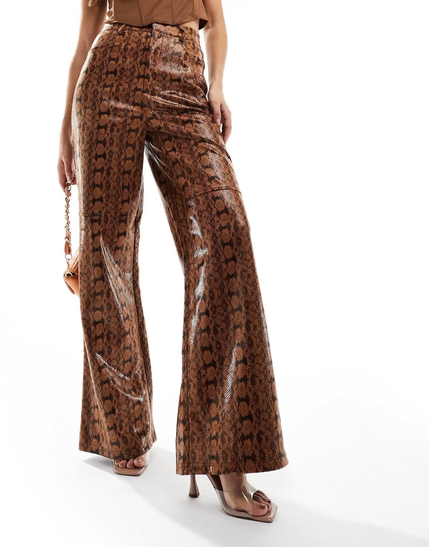 ASOS DESIGN leather look wide leg trousers in animal - ASOS Sample Sale