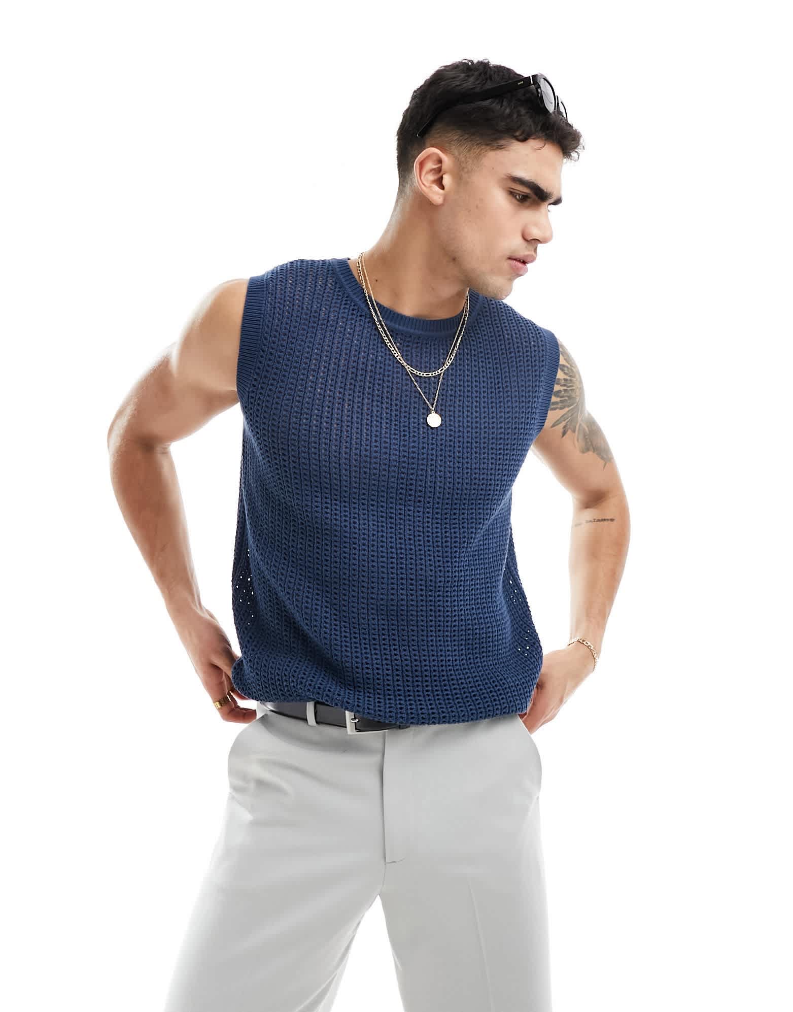 ASOS DESIGN lightweight knitted pointelle scoop vest in navy - ASOS Sample Sale