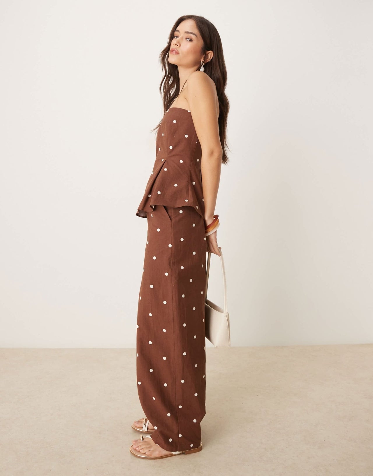 ASOS DESIGN linen blend barrel leg trouser in chocolate polka dot co ord - ASOS Sample Sale