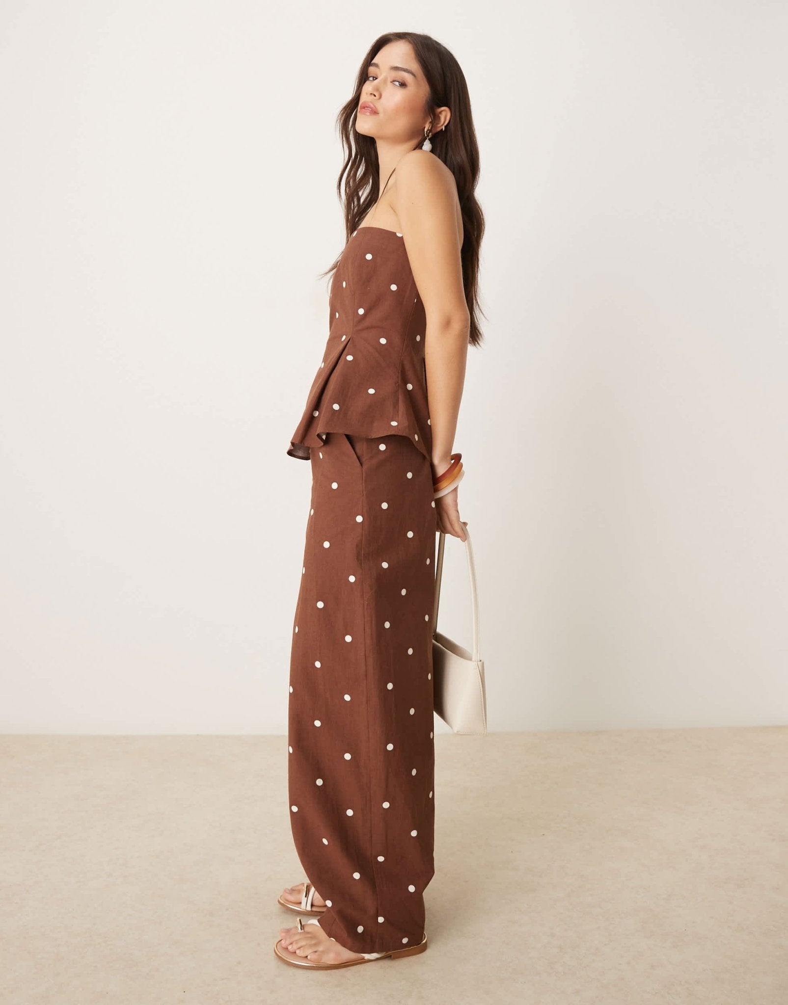 ASOS DESIGN linen blend barrel leg trouser in chocolate polka dot co ord - ASOS Sample Sale