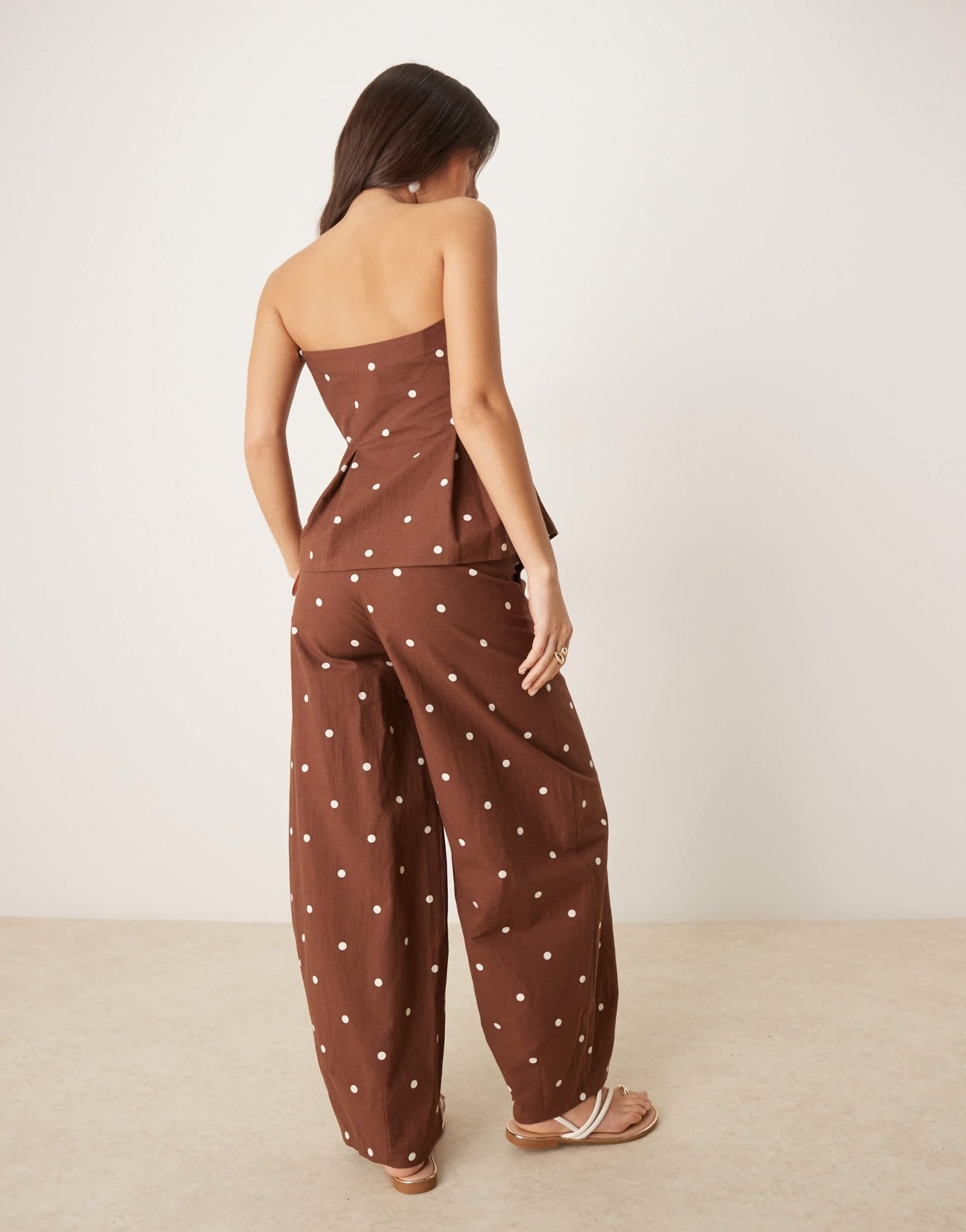 ASOS DESIGN linen blend barrel leg trouser in chocolate polka dot co ord - ASOS Sample Sale