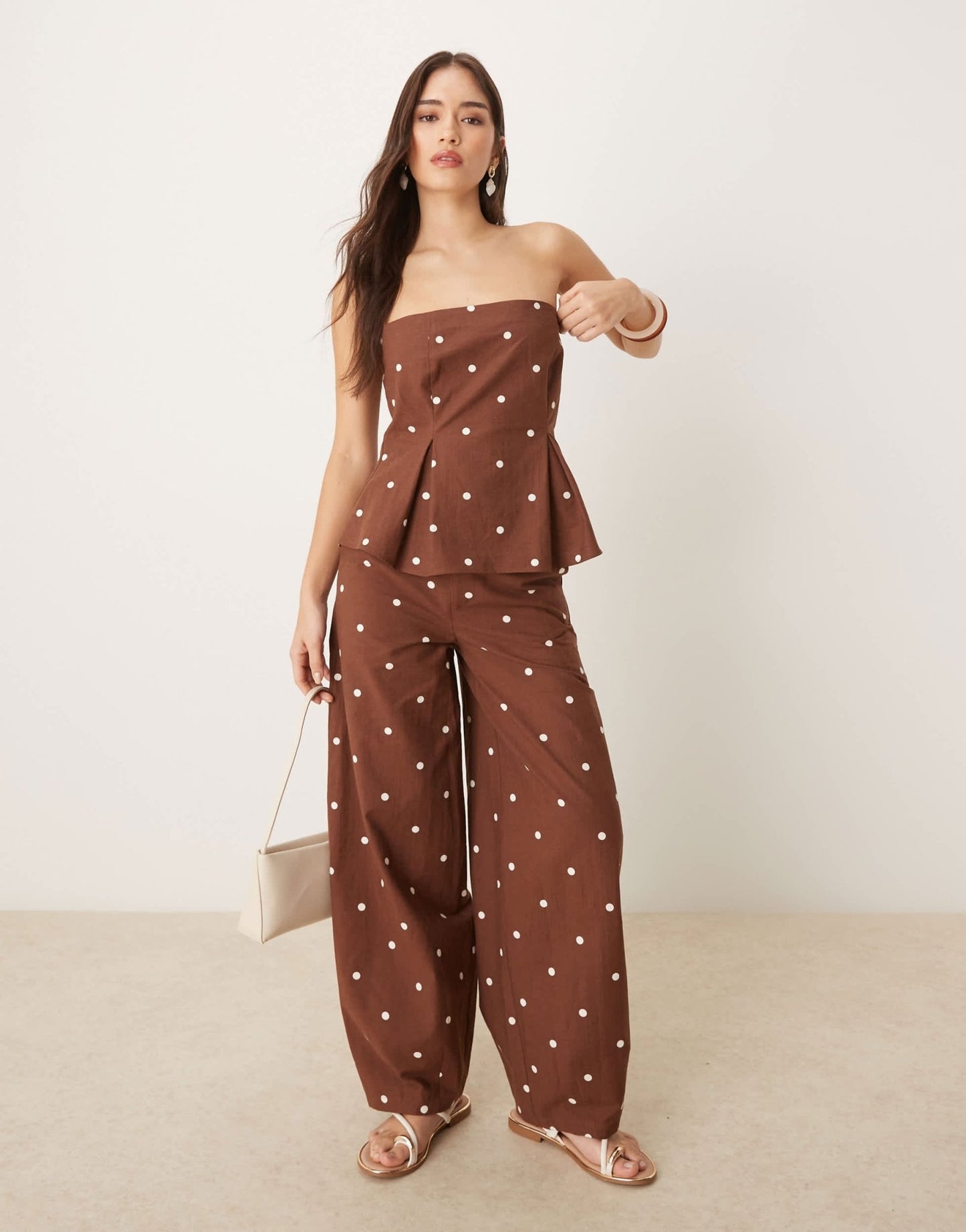 ASOS DESIGN linen blend barrel leg trouser in chocolate polka dot co ord - ASOS Sample Sale