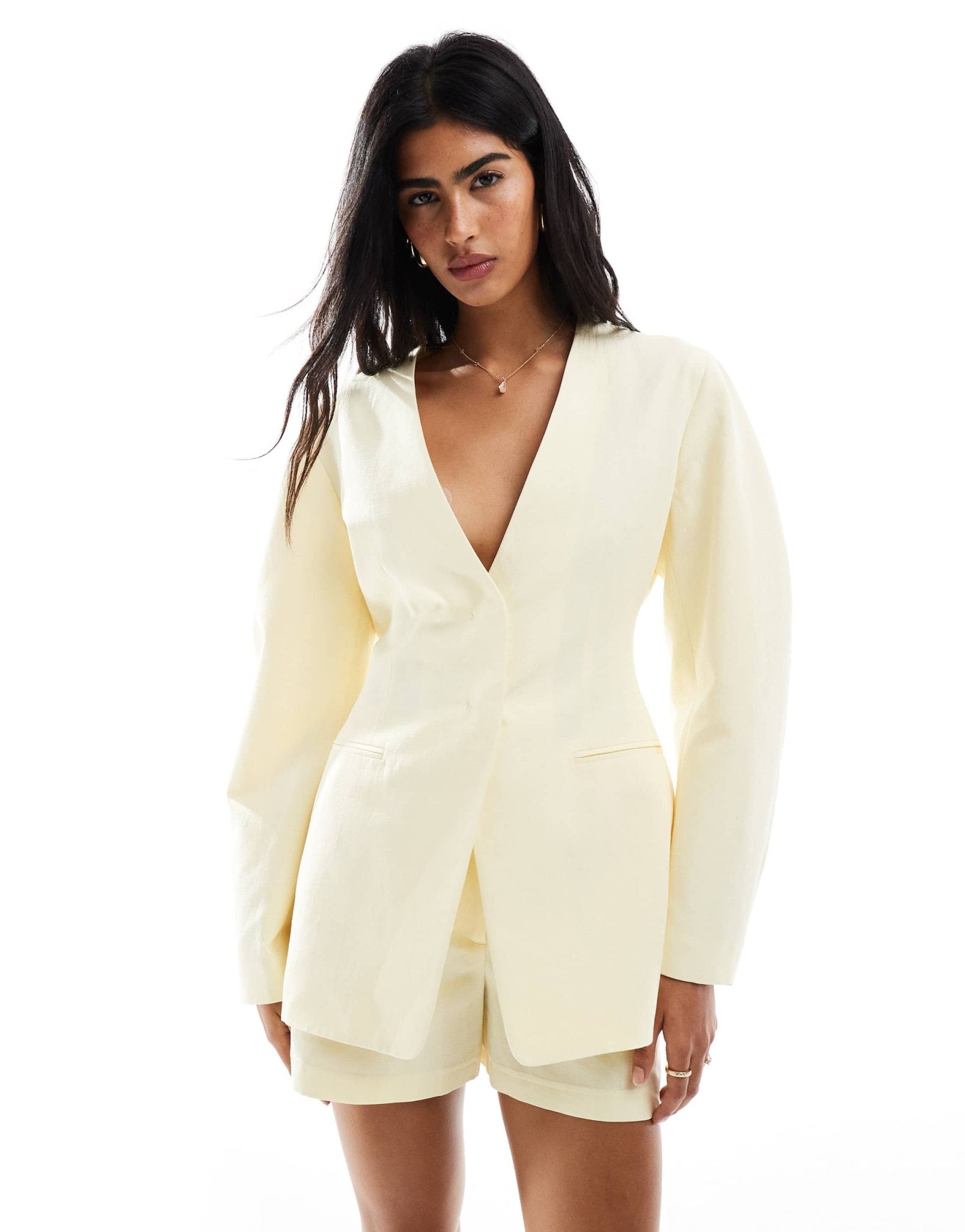 ASOS DESIGN linen blend cinch collarless blazer in buttermilk - ASOS Sample Sale