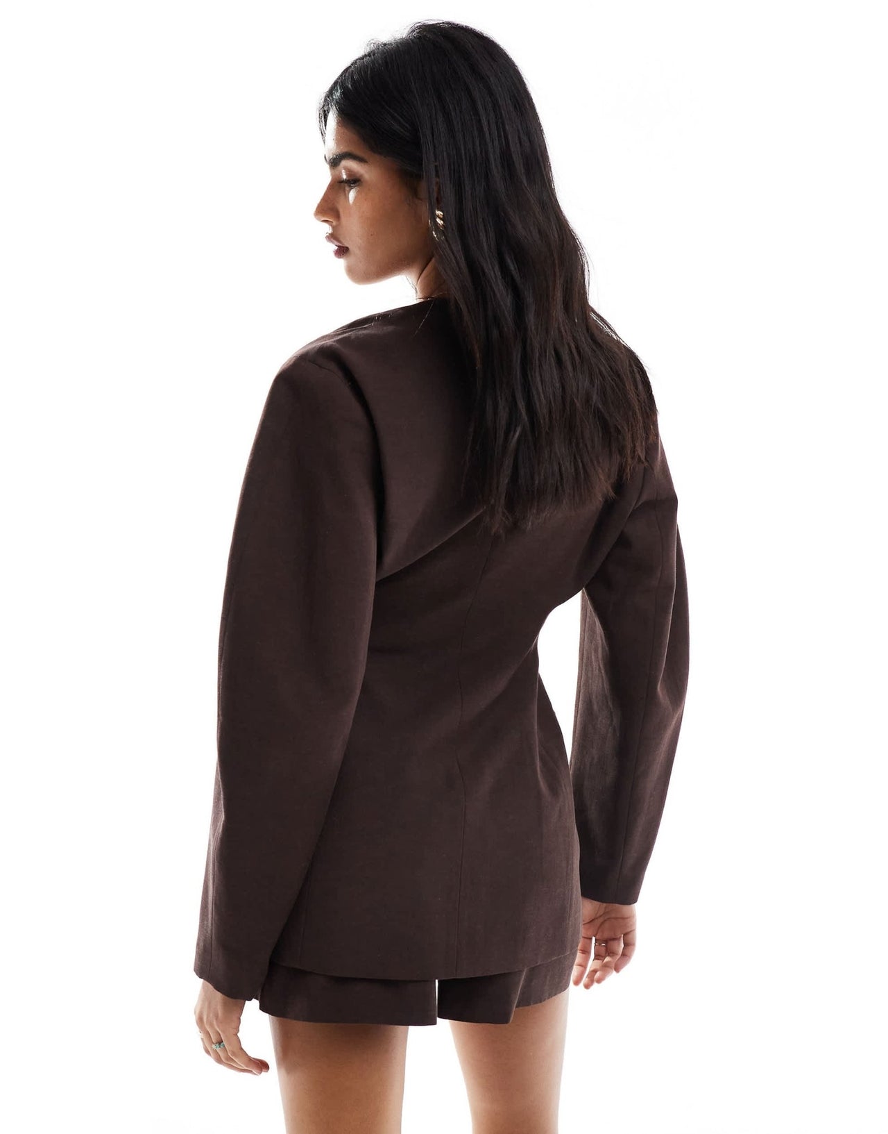 ASOS DESIGN linen blend cinch collarless blazer in chocolate - ASOS Sample Sale