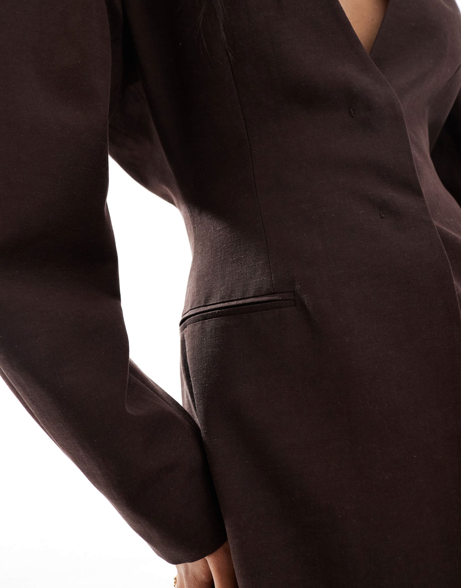 ASOS DESIGN linen blend cinch collarless blazer in chocolate - ASOS Sample Sale