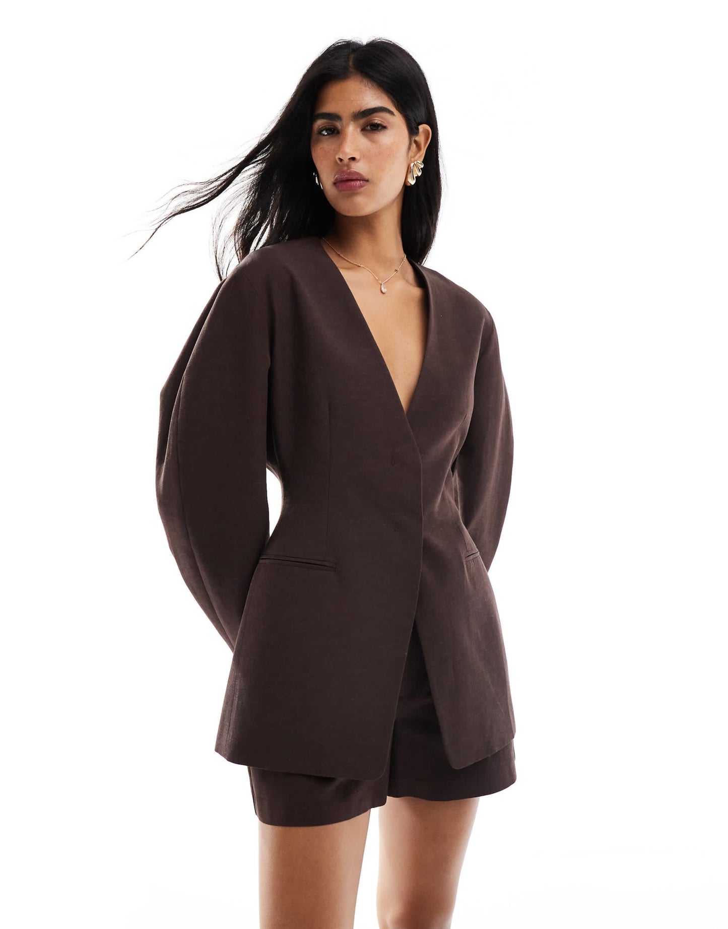 ASOS DESIGN linen blend cinch collarless blazer in chocolate - ASOS Sample Sale