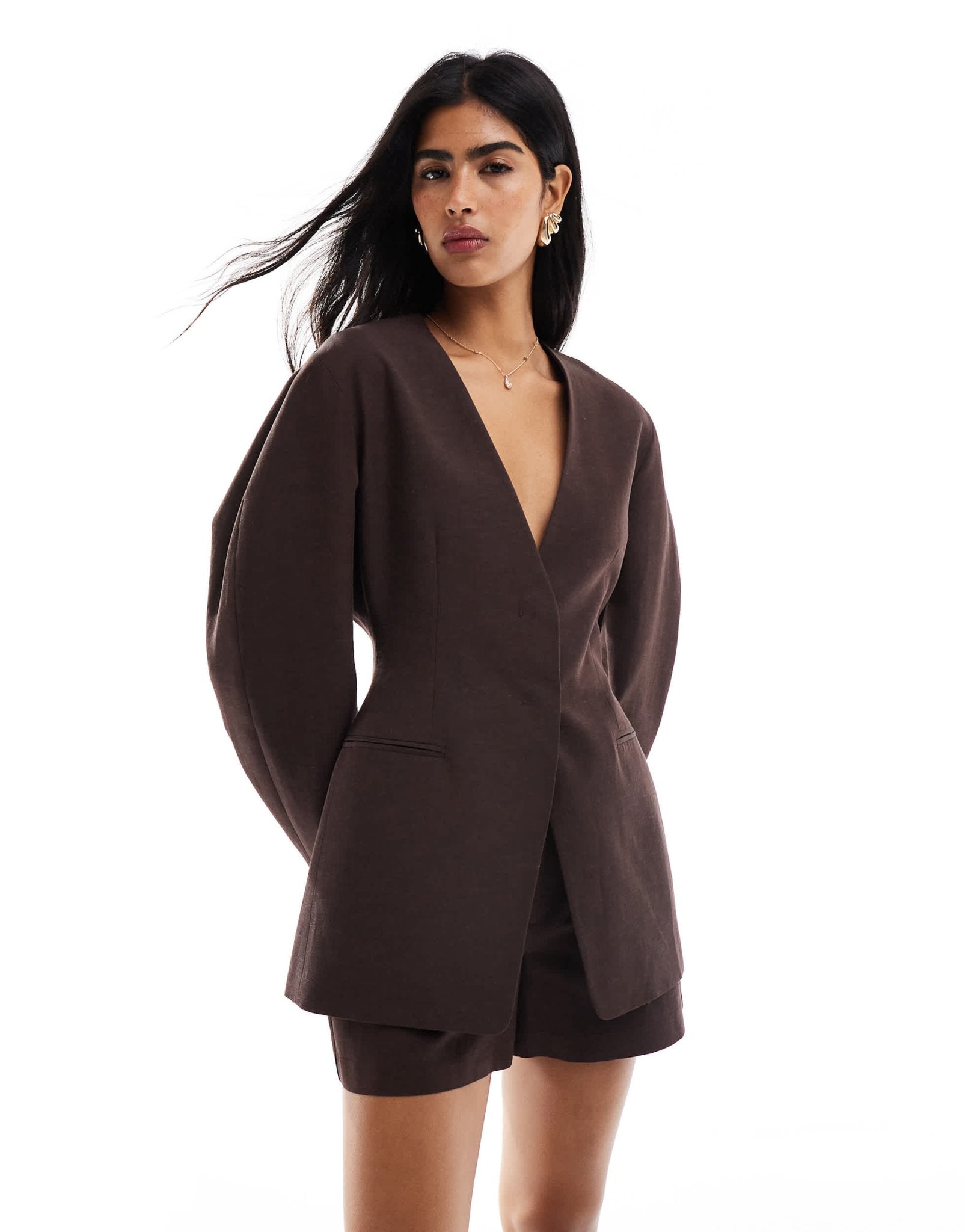 ASOS DESIGN linen blend cinch collarless blazer in chocolate - ASOS Sample Sale