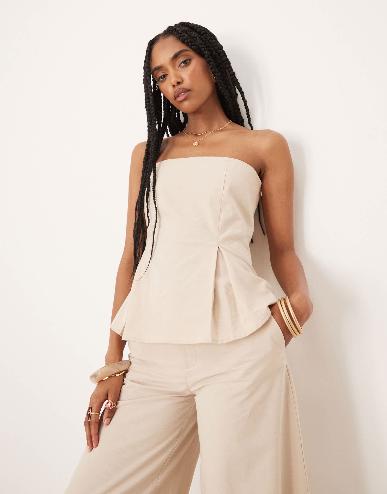 ASOS DESIGN linen blend cinch waist bandeau top in beige - ASOS Sample Sale