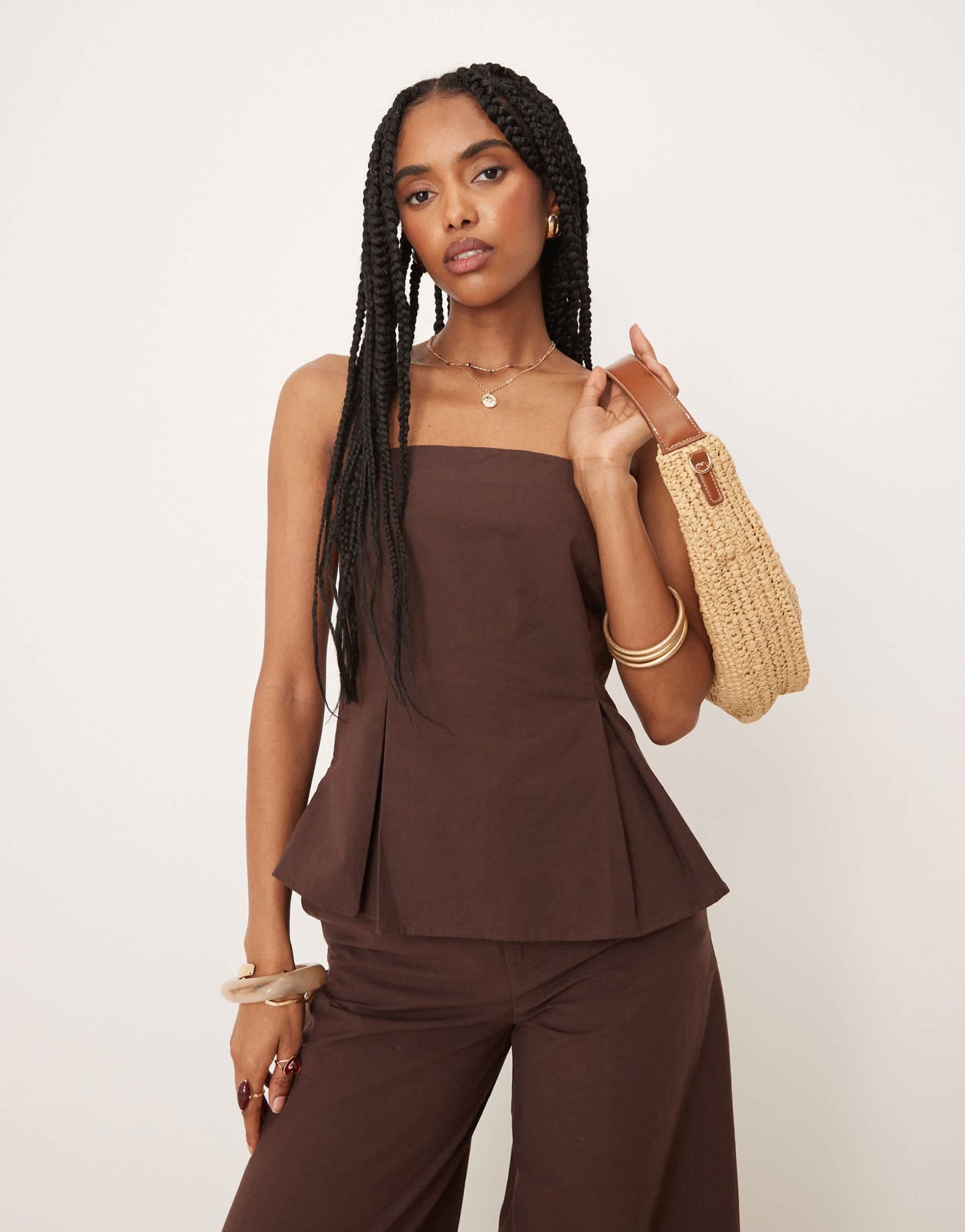 ASOS DESIGN linen blend cinch waist bandeau top in chocolate - ASOS Sample Sale