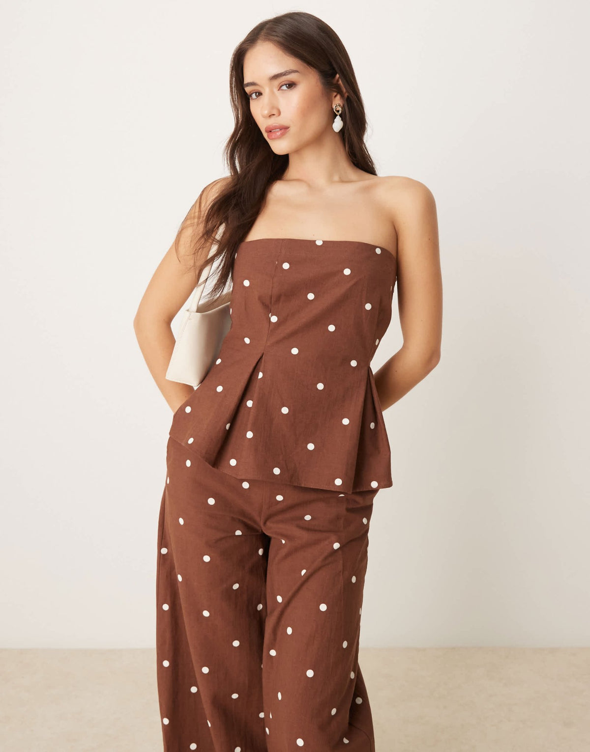 ASOS DESIGN linen blend cinch waist bandeau top in polka dot co ord - ASOS Sample Sale