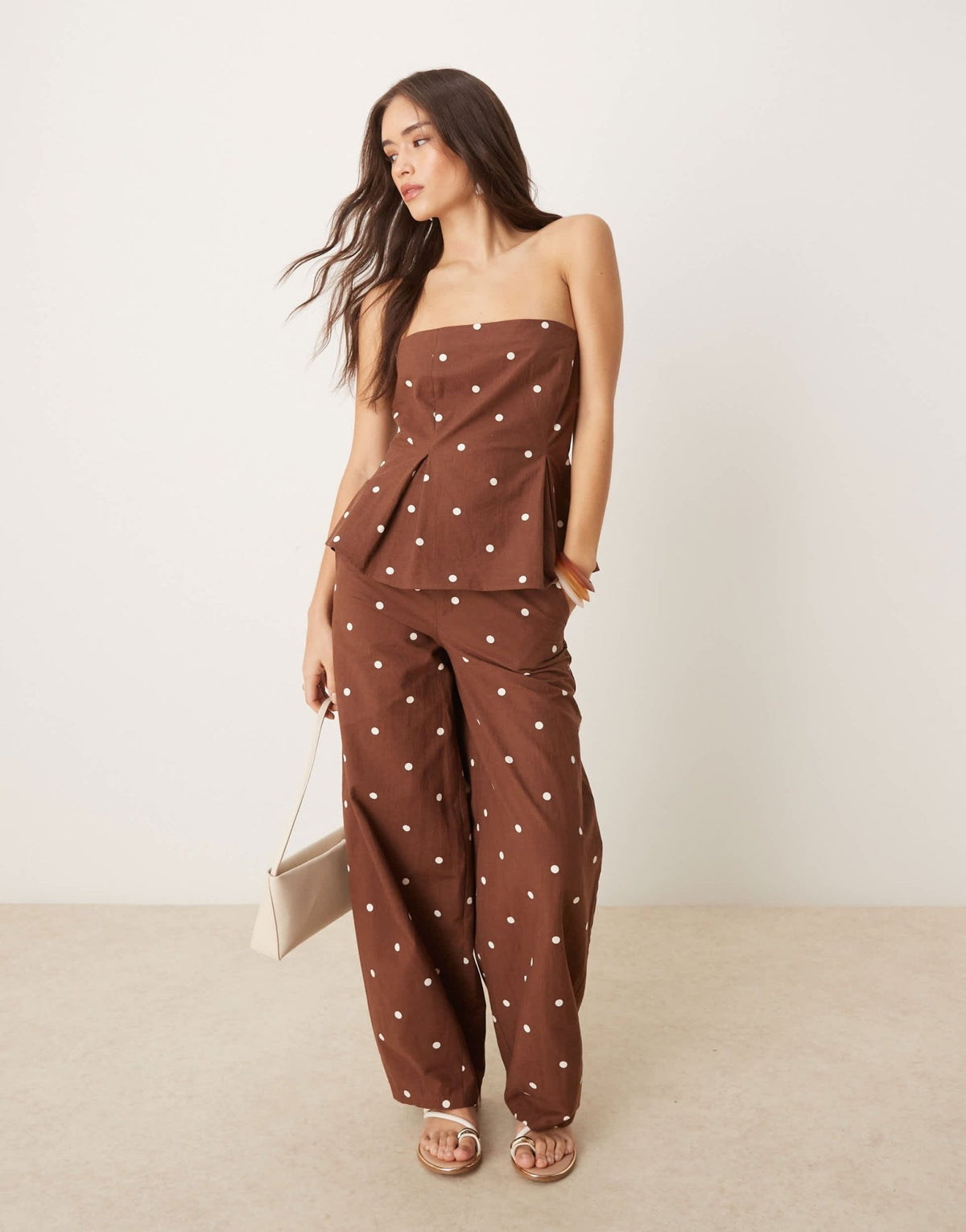 ASOS DESIGN linen blend cinch waist bandeau top in polka dot co ord - ASOS Sample Sale