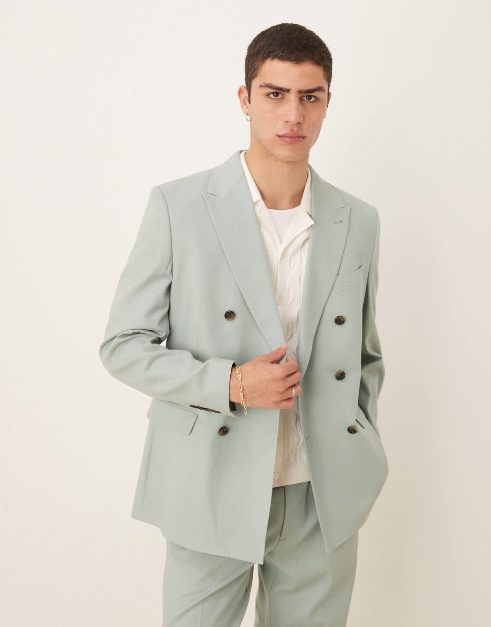 ASOS DESIGN linen blend double breasted regular suit jacket in green ...
