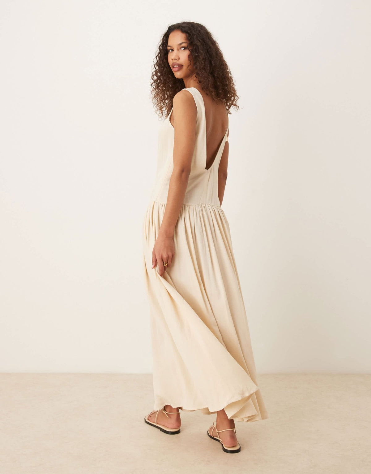 ASOS DESIGN linen blend low back drop waist maxi dress in beige - ASOS Sample Sale