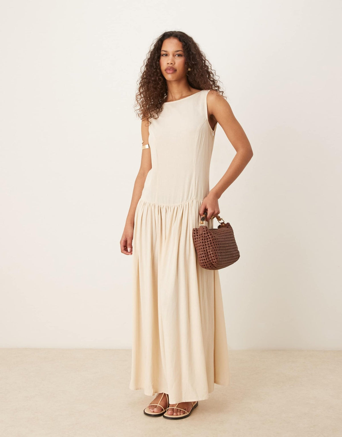 ASOS DESIGN linen blend low back drop waist maxi dress in beige - ASOS Sample Sale