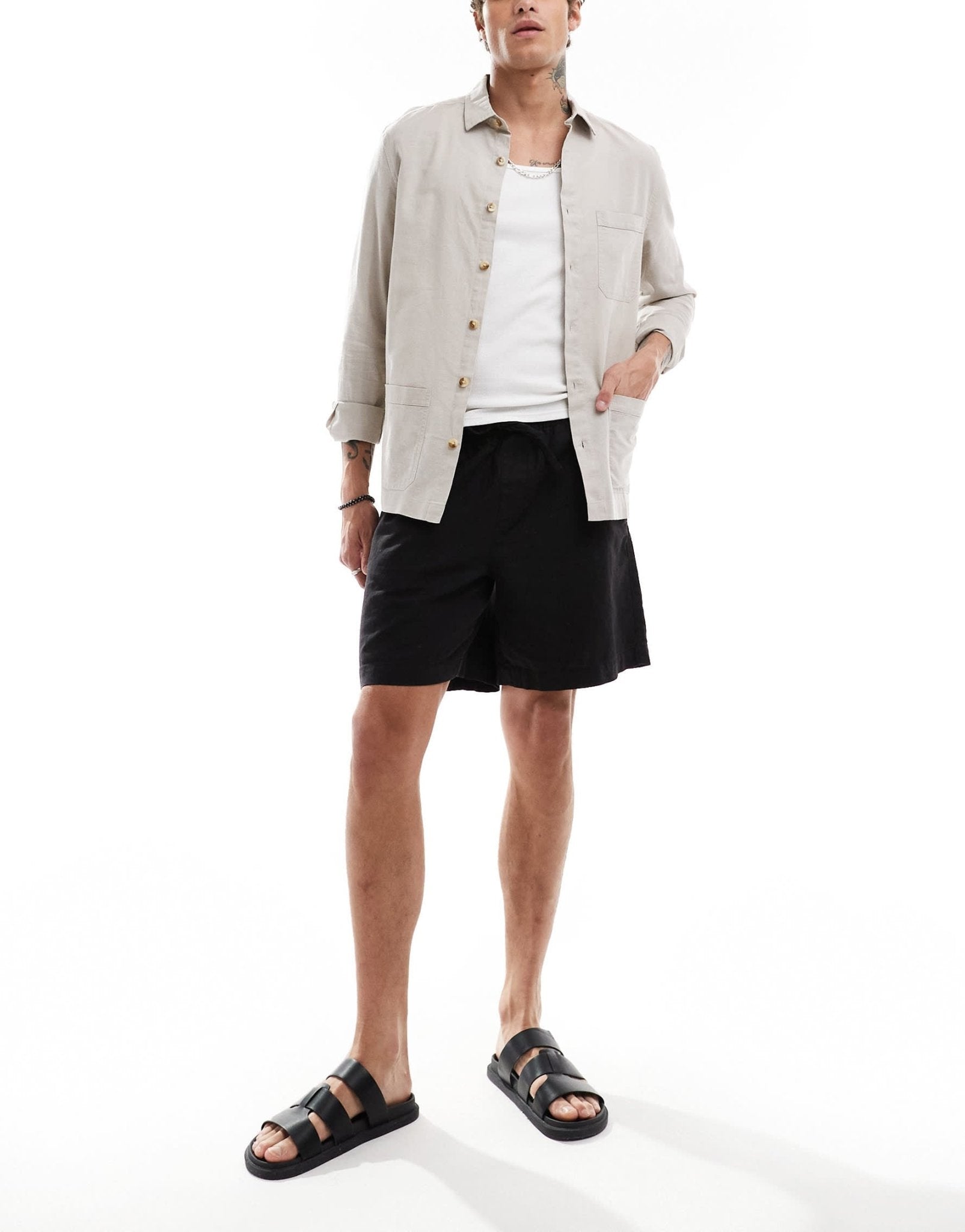 ASOS DESIGN linen blend overshirt in stone - ASOS Sample Sale