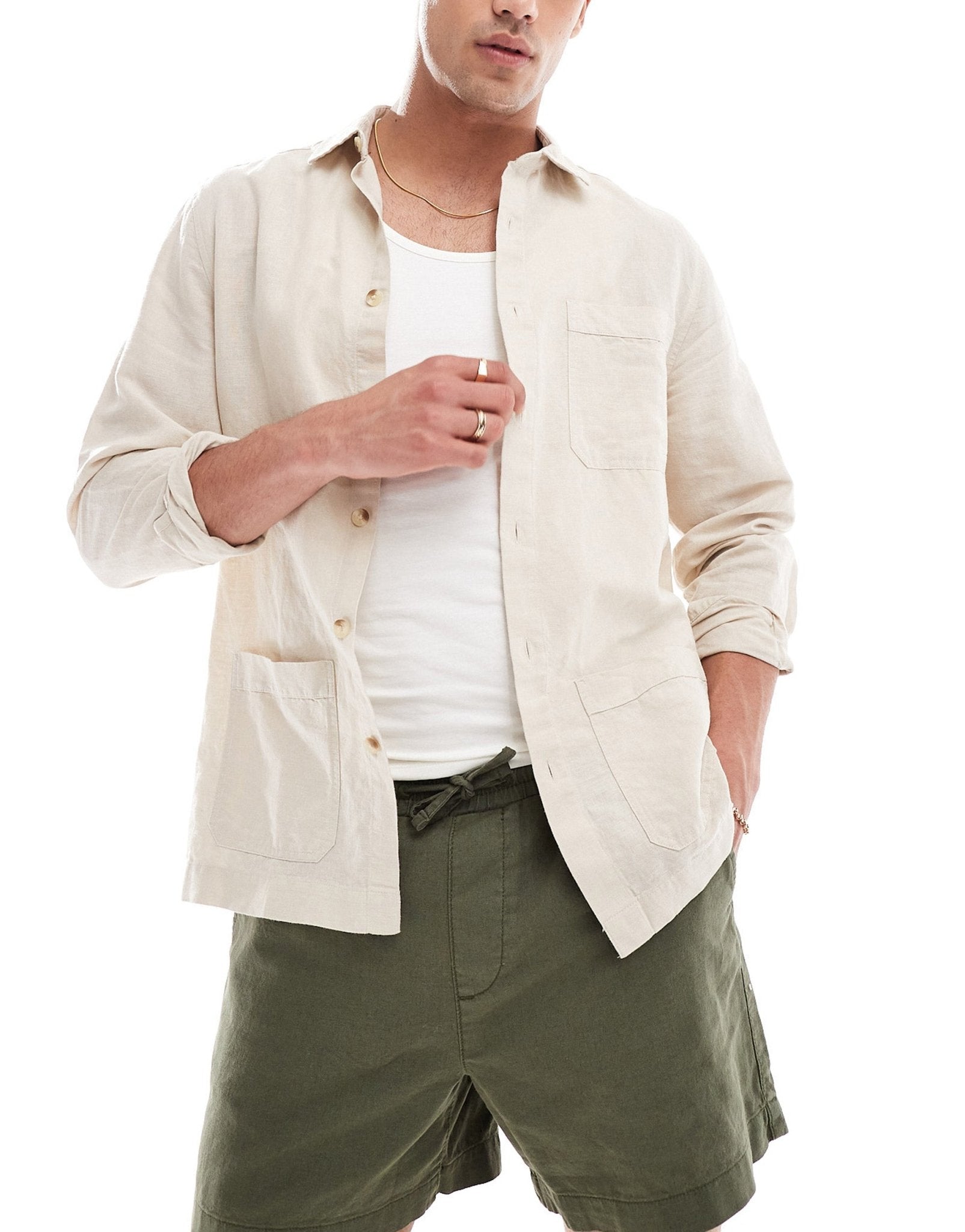 ASOS DESIGN linen blend overshirt in stone - ASOS Sample Sale
