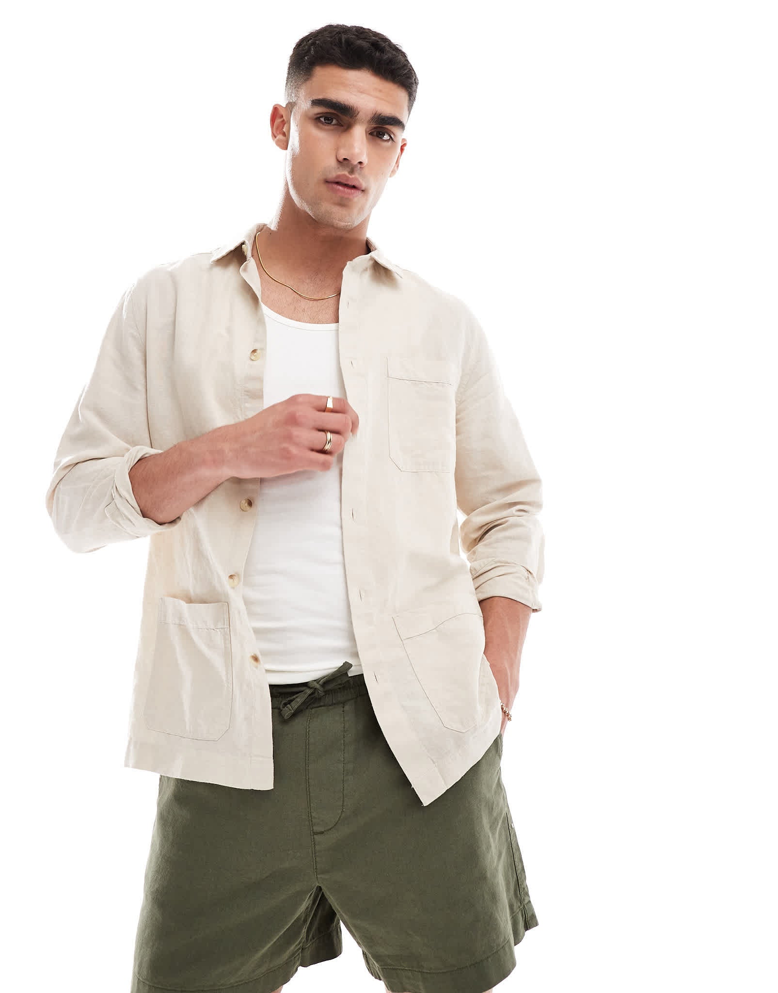 ASOS DESIGN linen blend overshirt in stone - ASOS Sample Sale