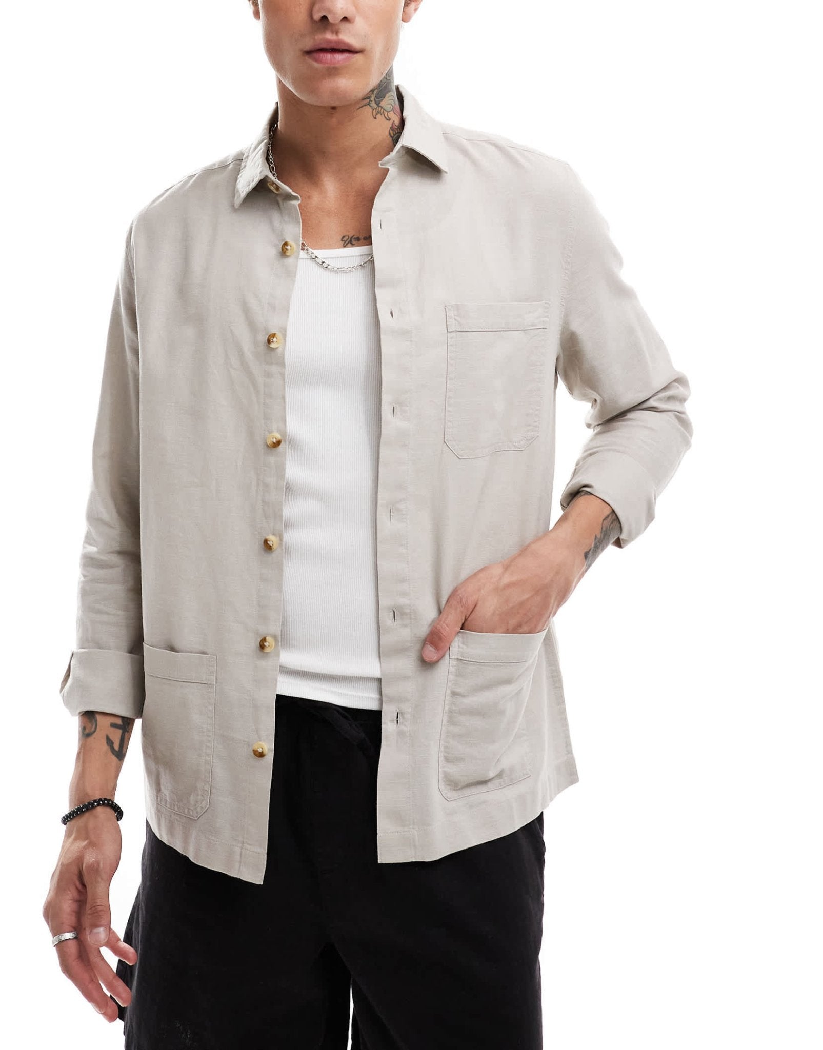 ASOS DESIGN linen blend overshirt in stone - ASOS Sample Sale