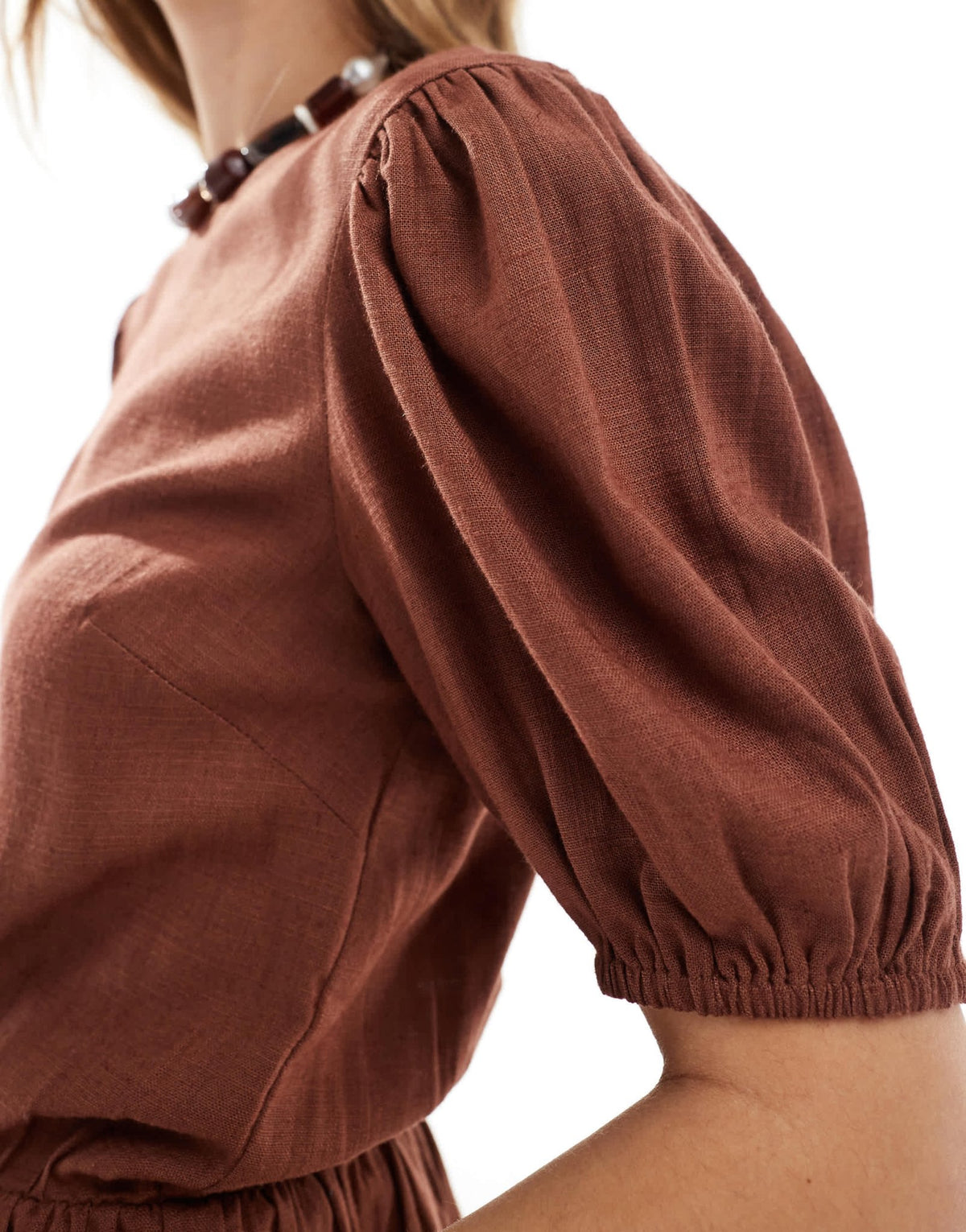 ASOS DESIGN linen blend peplum top with puff sleeve in brown - ASOS Sample Sale