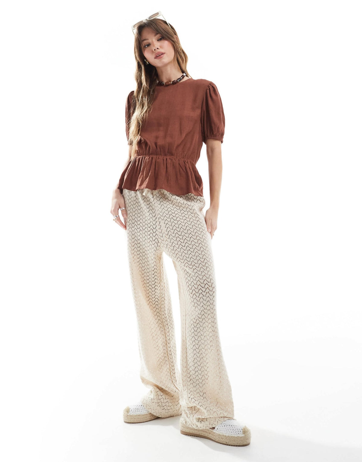 ASOS DESIGN linen blend peplum top with puff sleeve in brown - ASOS Sample Sale