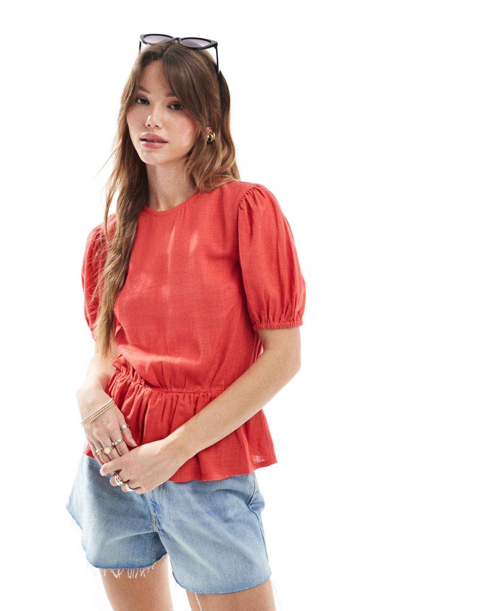 ASOS DESIGN linen blend peplum top with puff sleeve in red - ASOS Sample Sale