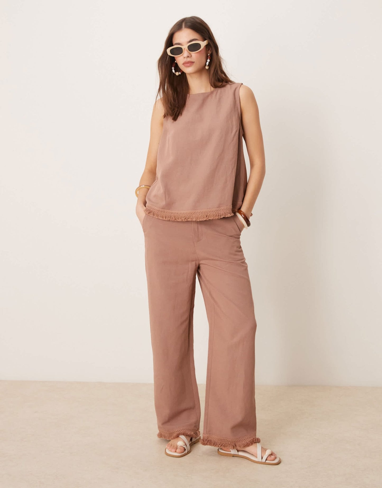 ASOS DESIGN linen blend shell top with with tassel hem co-ord in mocha - ASOS Sample Sale