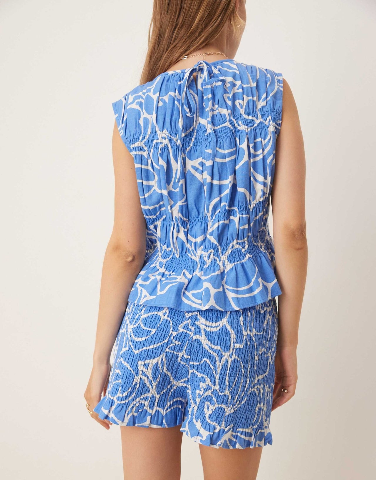 ASOS DESIGN linen blend shirred knicker shorts co-ord in blue abstract print - ASOS Sample Sale