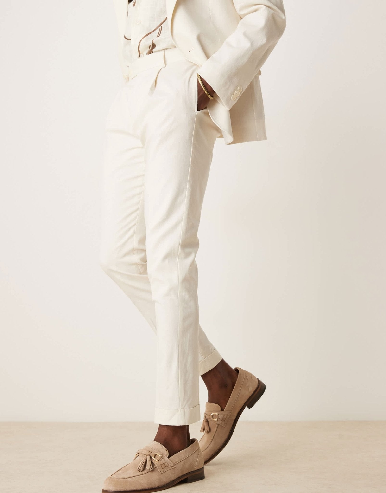 ASOS DESIGN linen blend skinny suit chino trousers in cream - ASOS Sample Sale