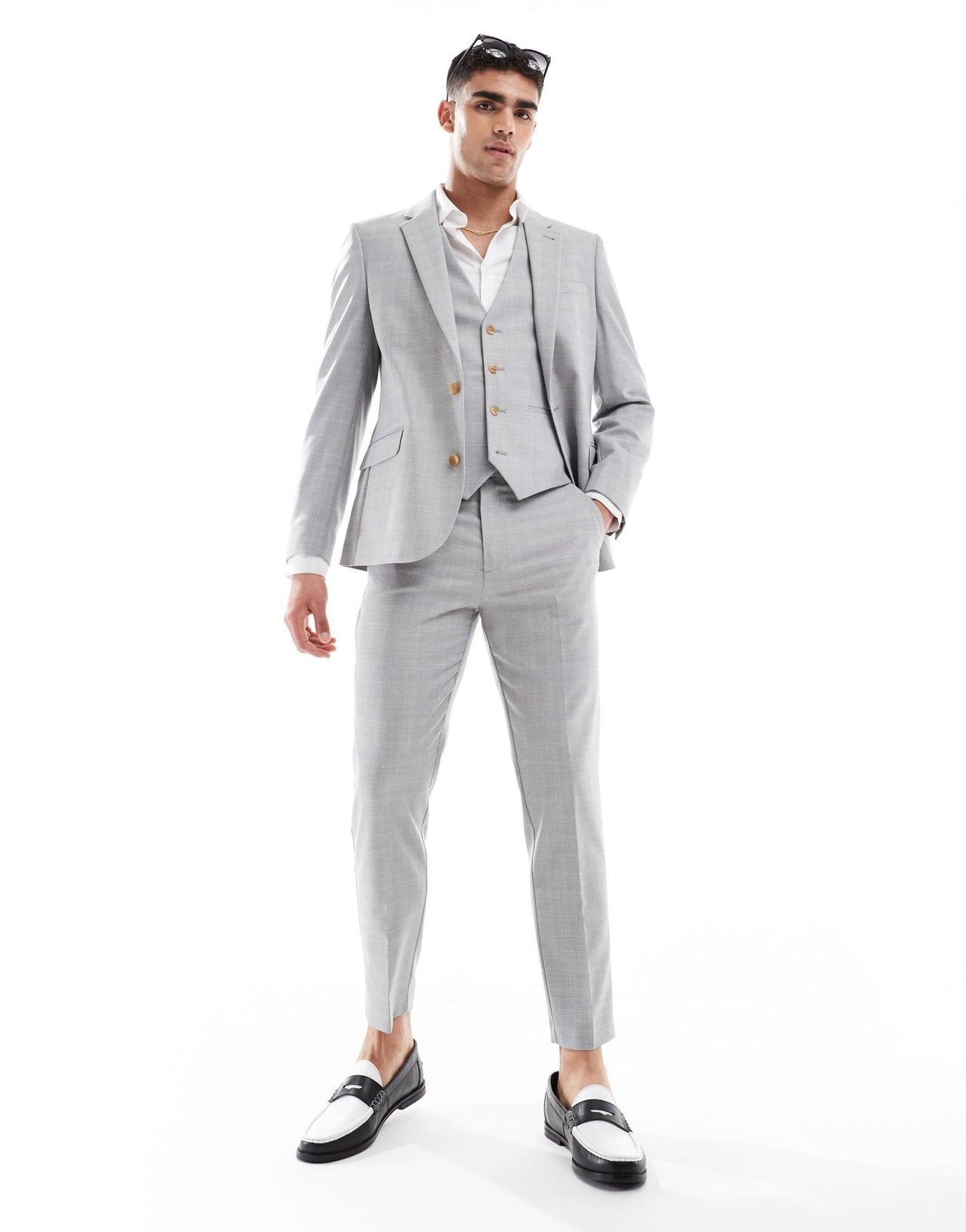 ASOS DESIGN linen blend skinny suit jacket in grey tonal check - ASOS Sample Sale