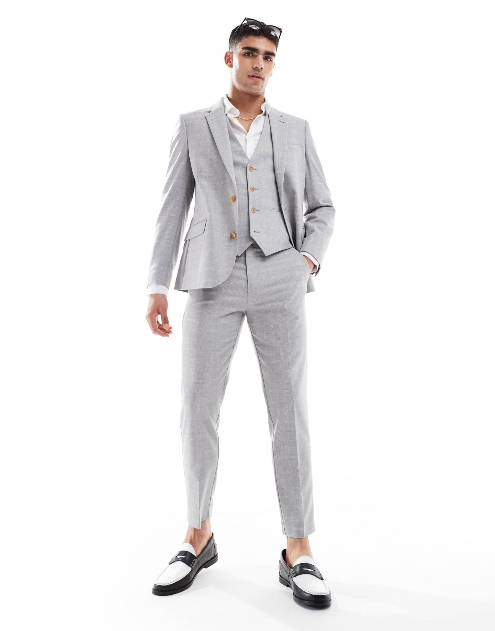 ASOS DESIGN linen blend skinny suit jacket in grey tonal check - ASOS Sample Sale