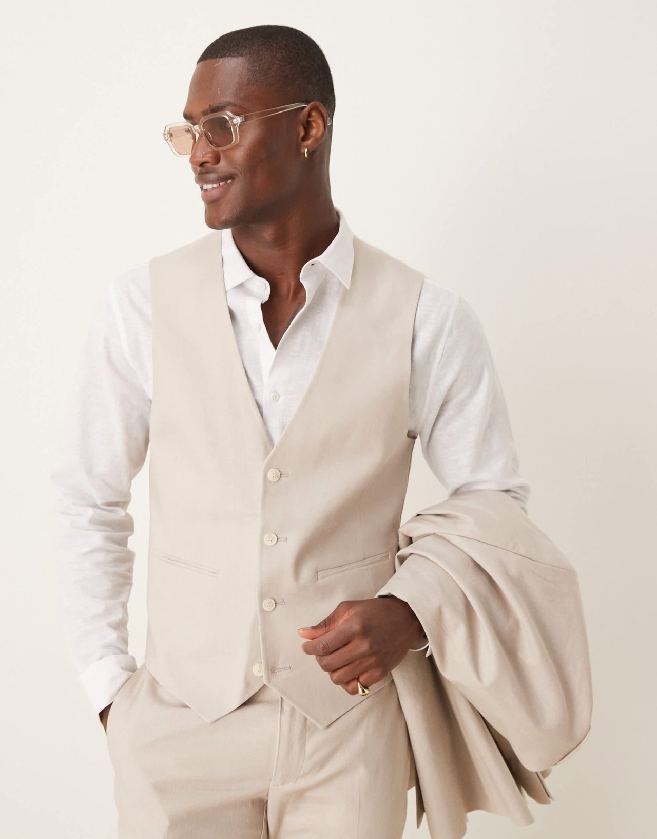 ASOS DESIGN linen blend skinny suit waistcoat in stone - ASOS Sample Sale