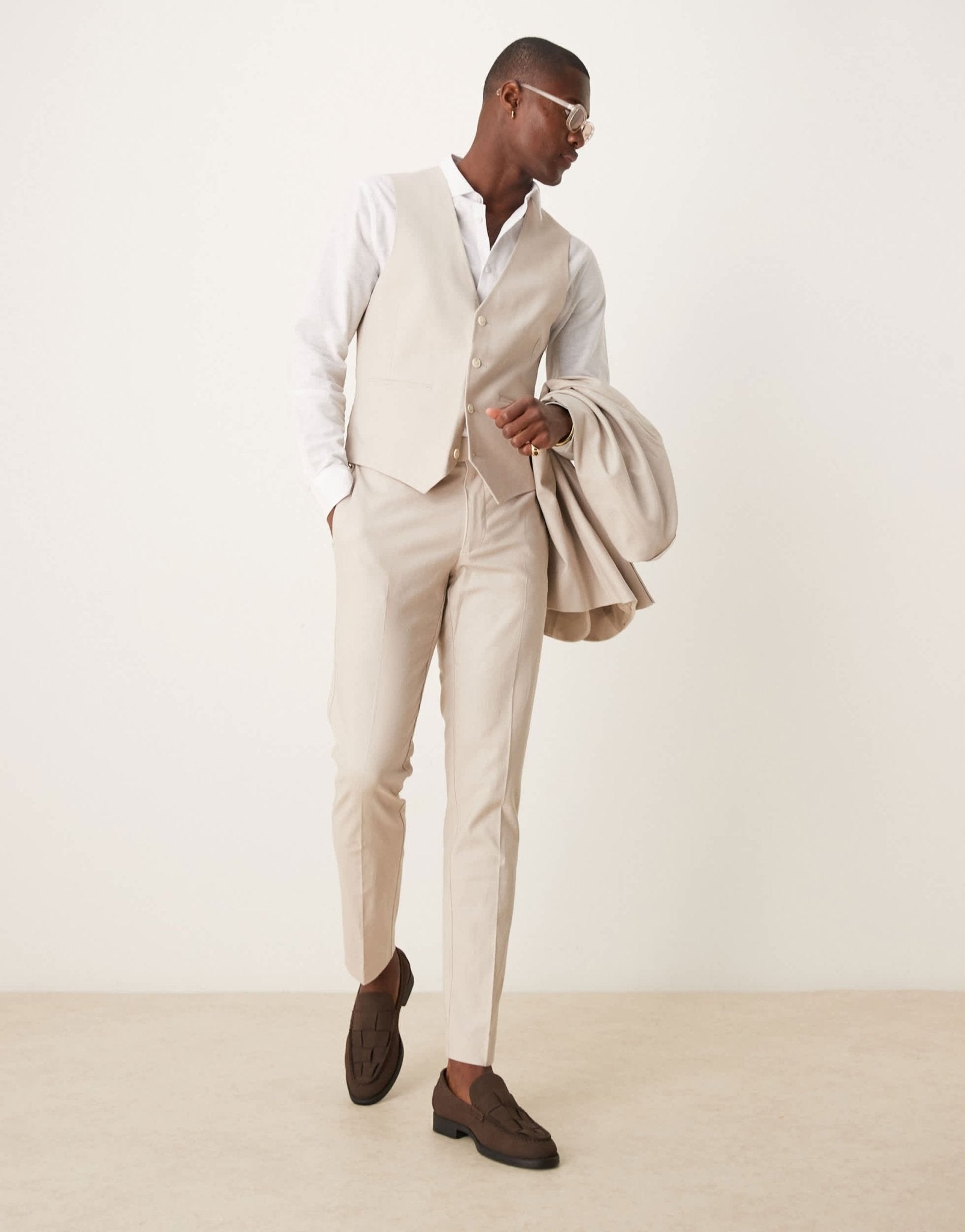 ASOS DESIGN linen blend skinny suit waistcoat in stone - ASOS Sample Sale