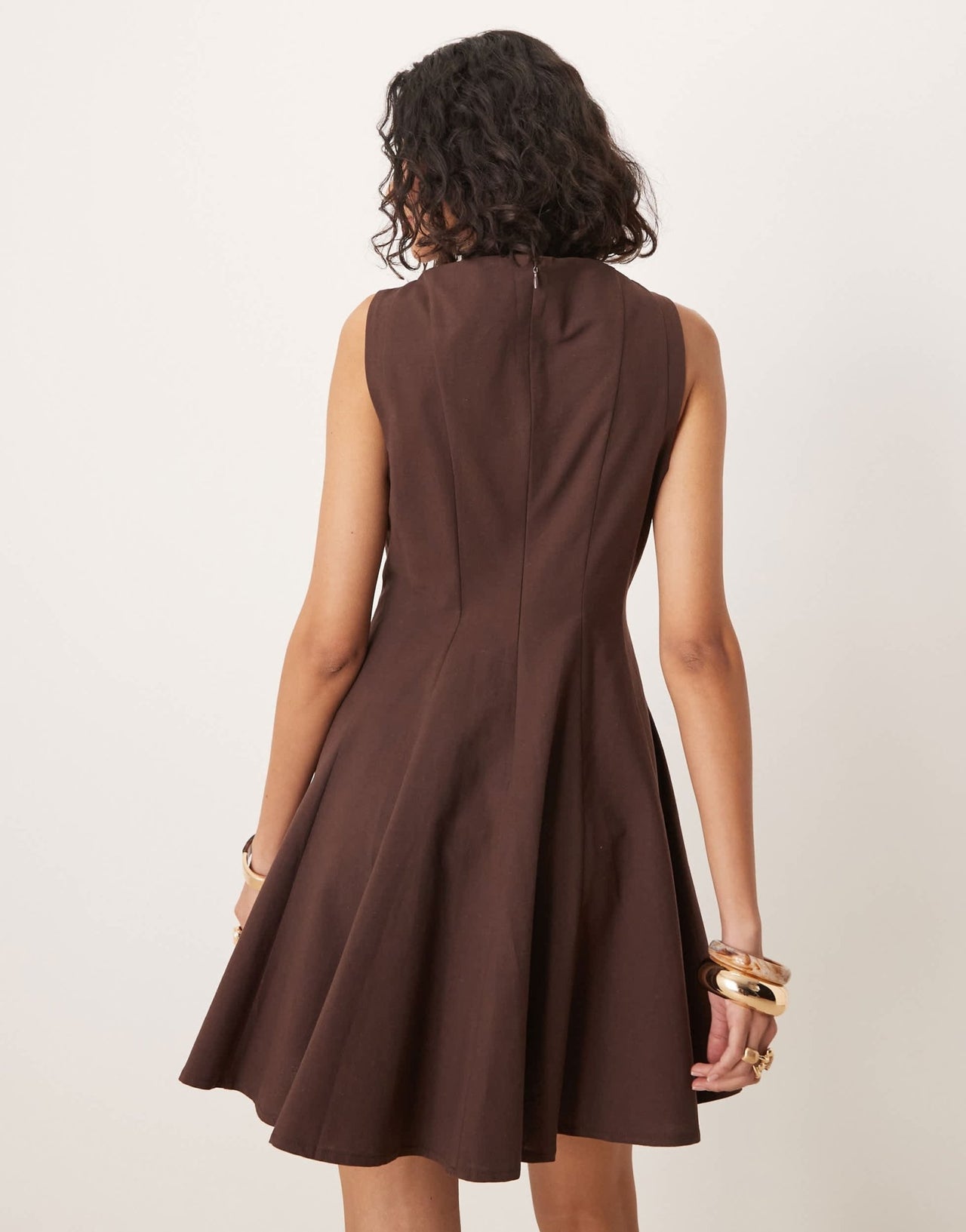 ASOS DESIGN linen blend slash neck seamed fit and flare mini dress in chocolate - ASOS Sample Sale